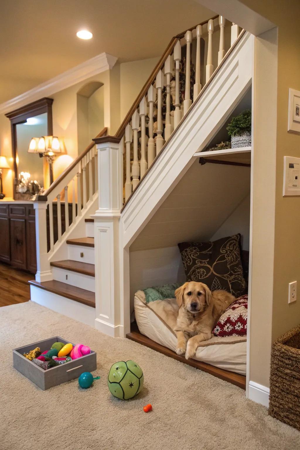 A secret hideout under the stairs for your furry friend.