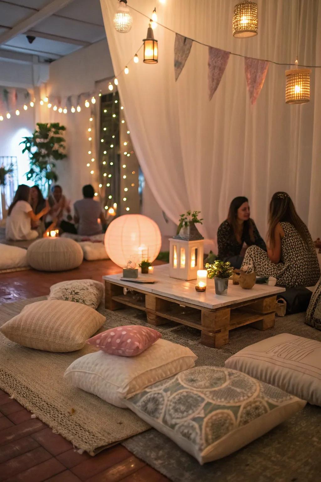A close gathering with ground arrangement and subtle lighting.