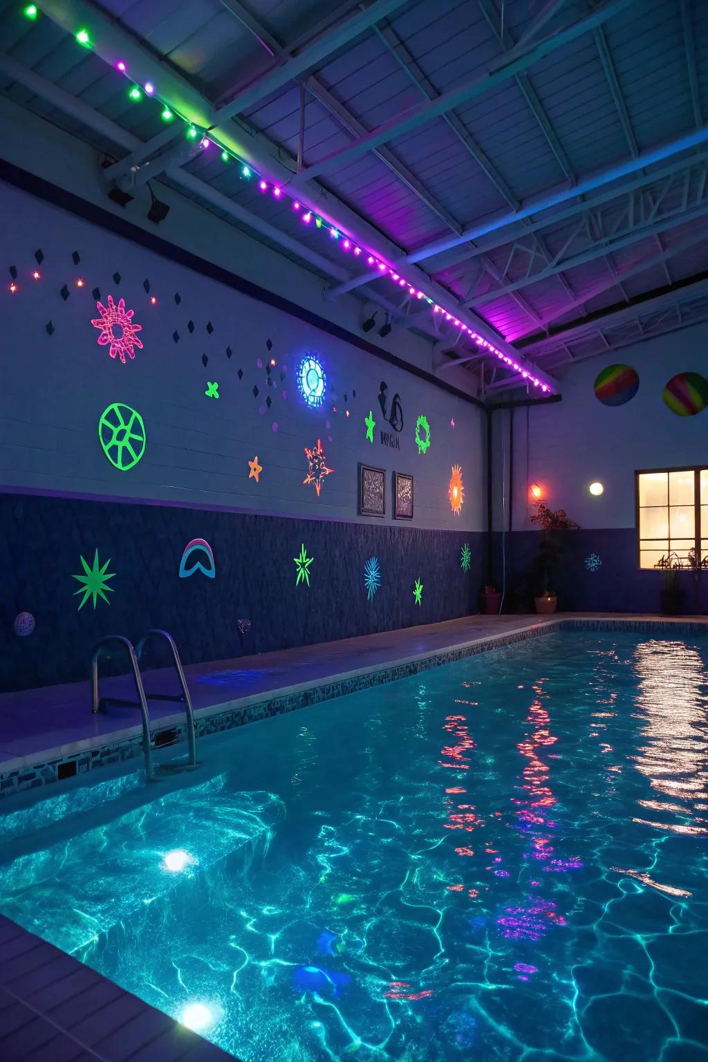 Light up your pool event with bright neon lights alongside glow-in-the-dark elements.