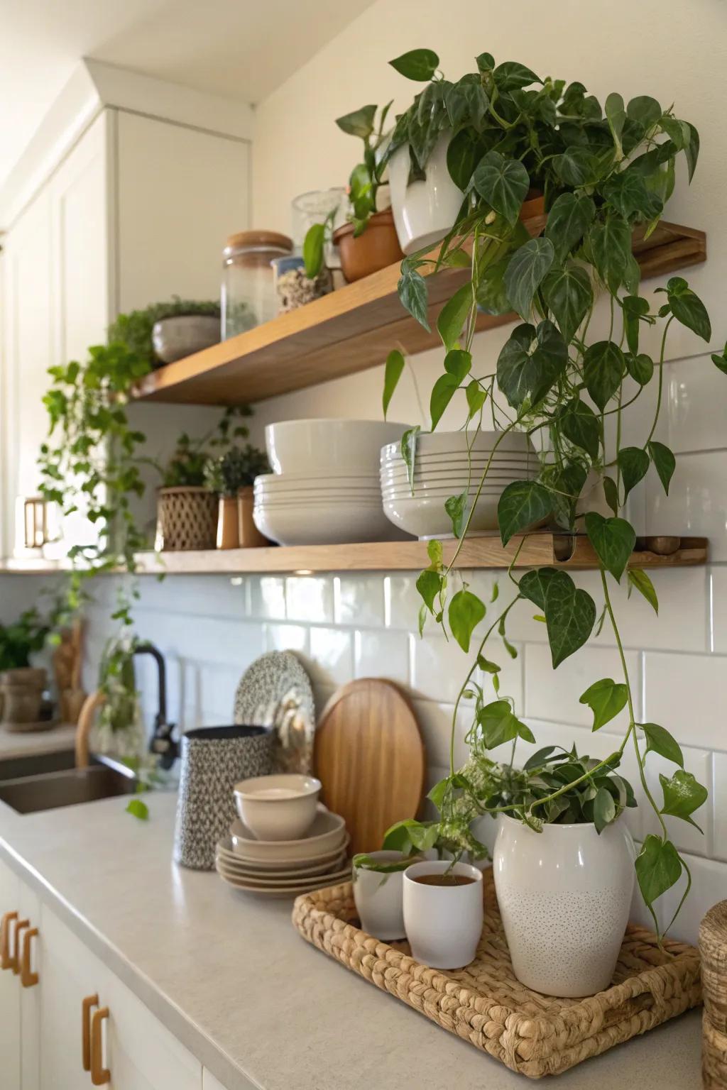 Infuse sophistication into shelves with cascading emerald vines.