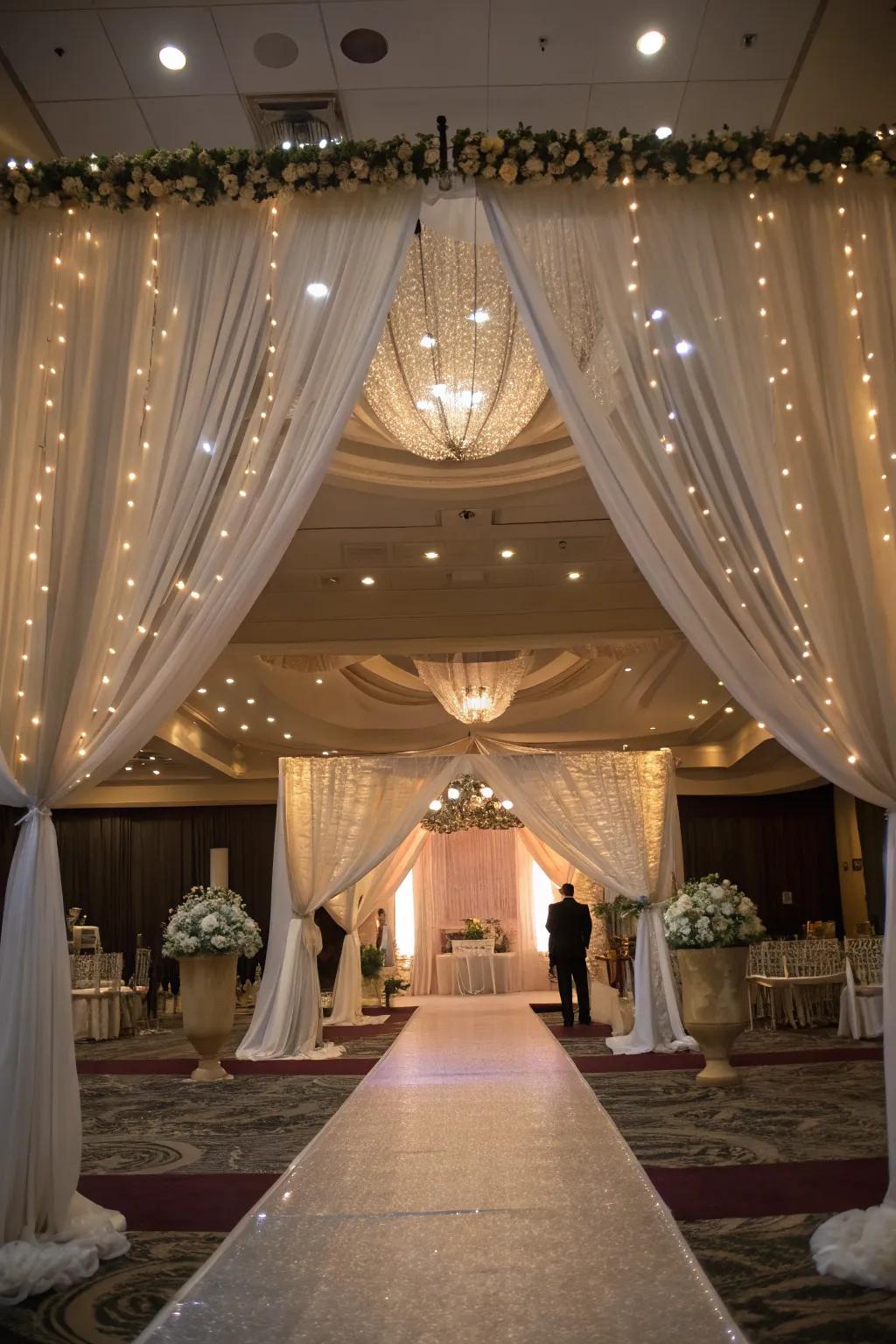 Flowing fabrics and lights create a romantic wedding environment.