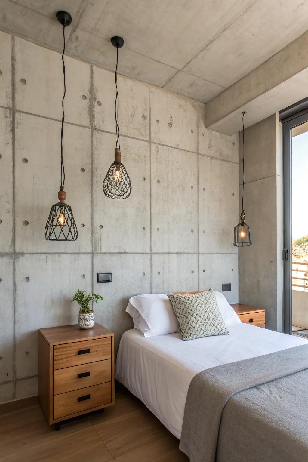 Cement elements impart a streamlined, contemporary sharpness to this industrial-style bedroom.