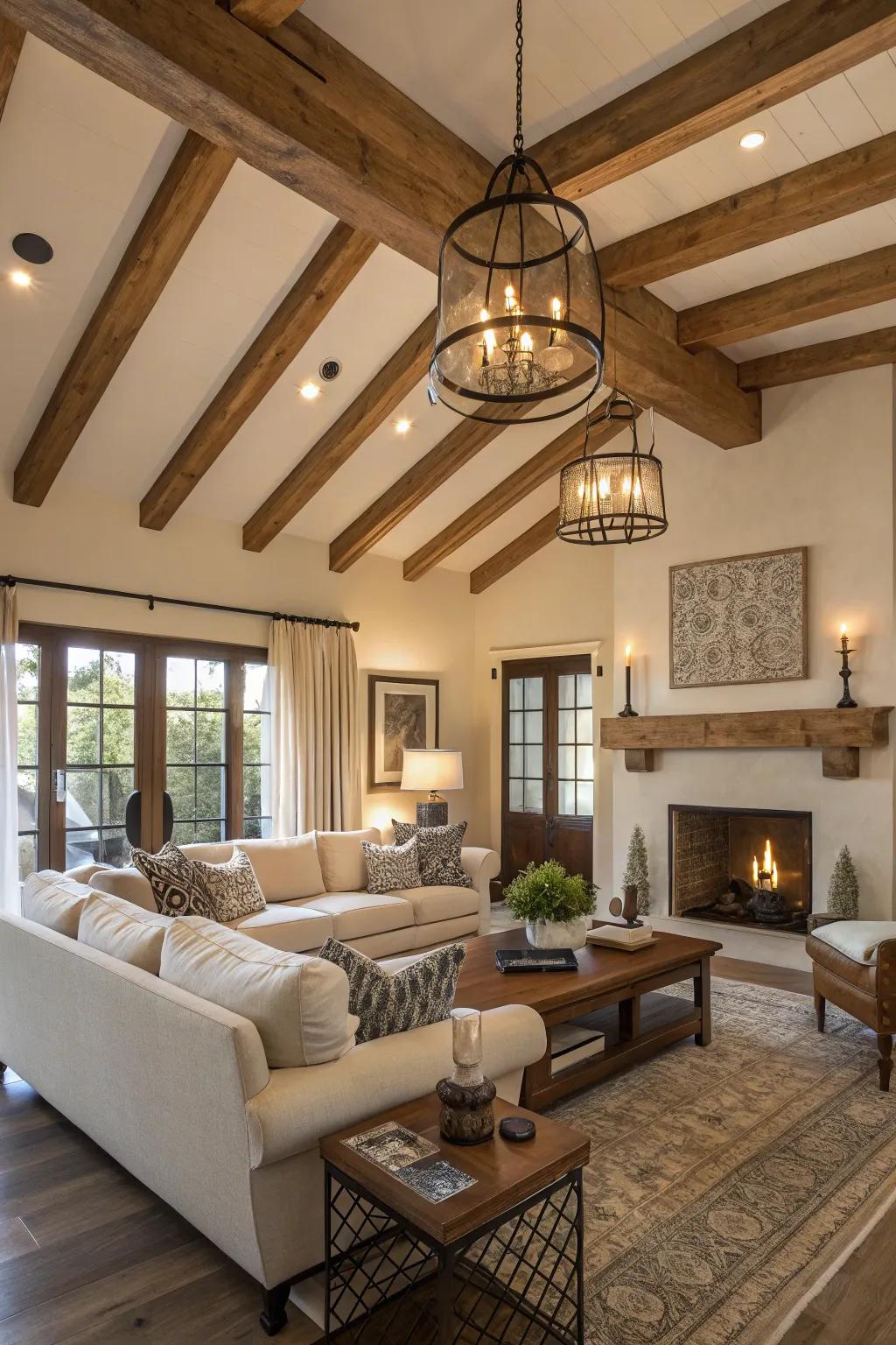 Wooden ceiling planks give a rustic charm to a modern living space, adding warmth and character.