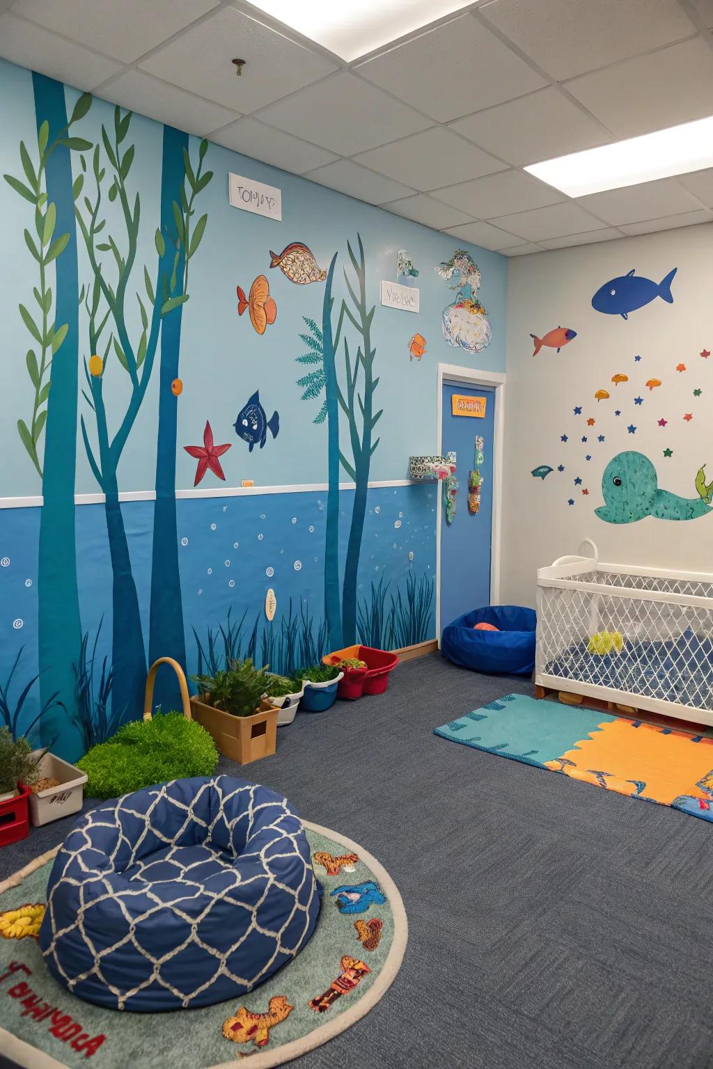 Plunge into a sea of imagination with a marine-themed classroom style.