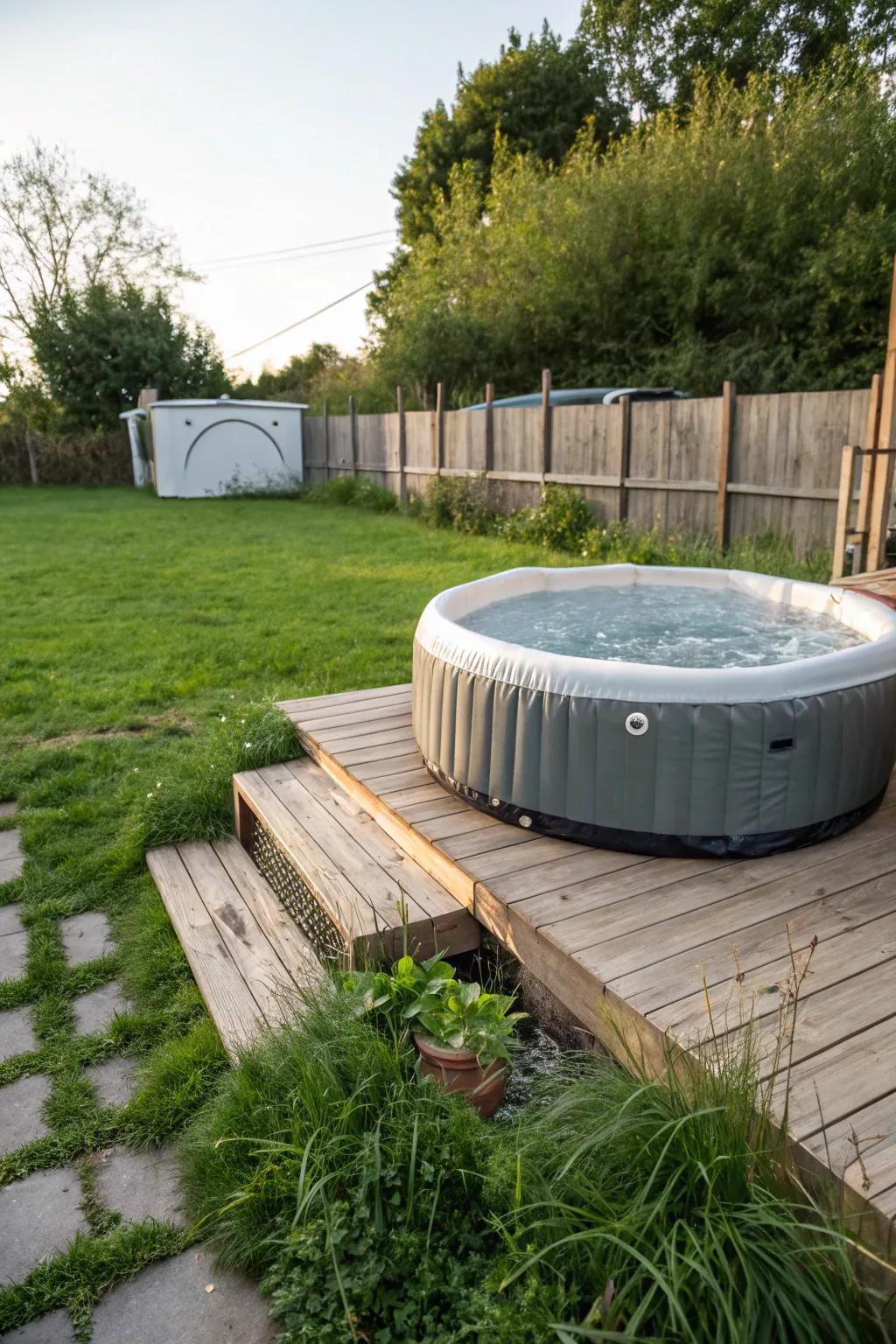 An elegant wooden patio enriches this inflatable bubbling tub arrangement.
