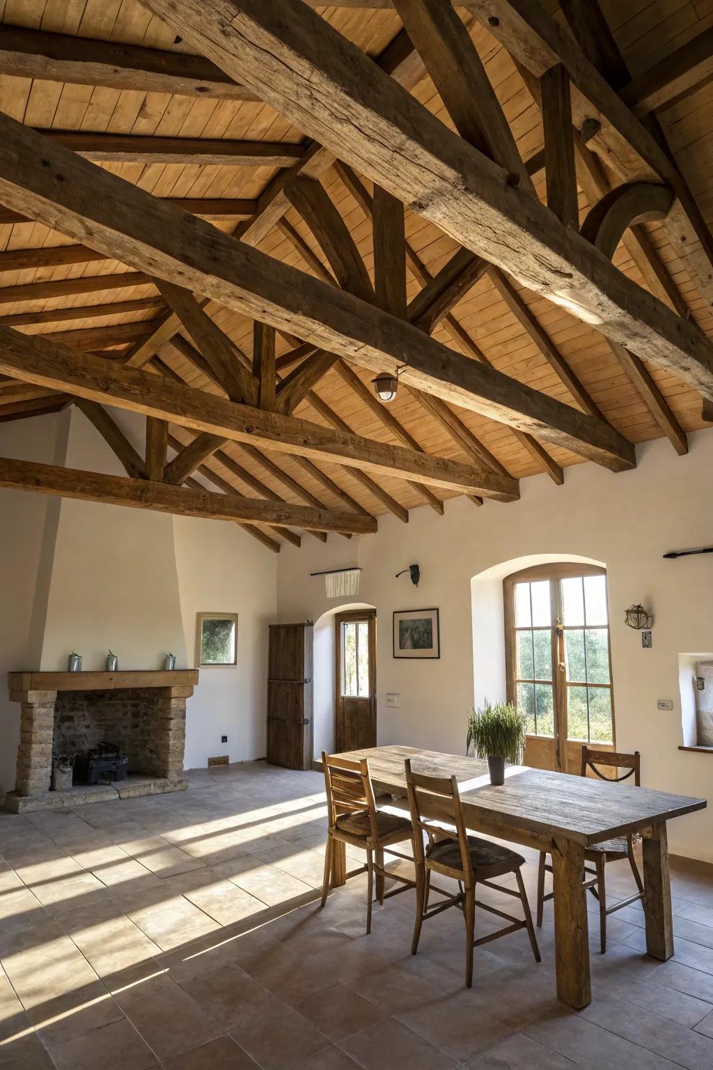 Visible supports bring a timeless countryside charm to any barndominium.