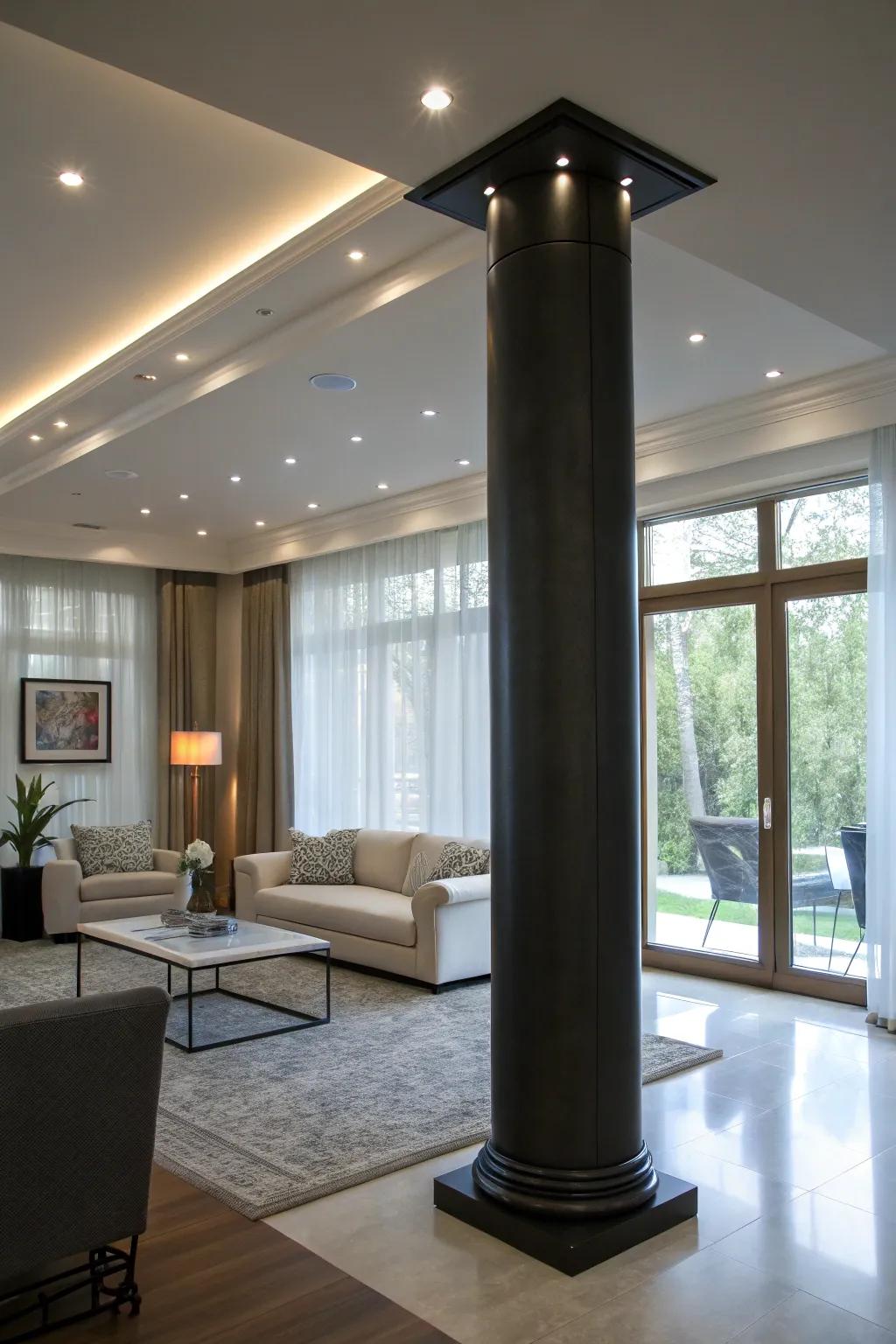 Illumination enhances the dramatic effect of columns.