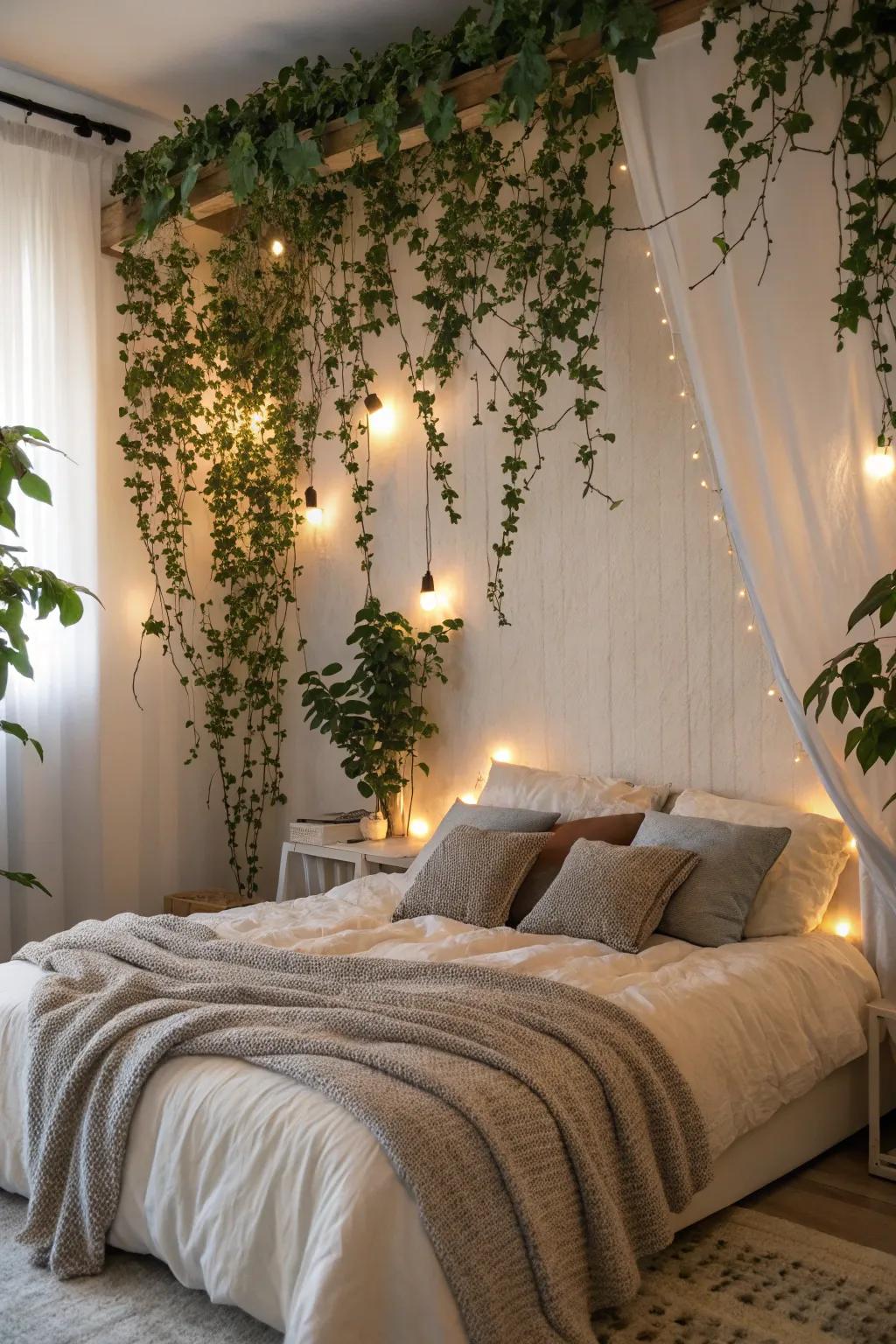 A sleeping quarter showcasing an ivy-laden wall, adding a hint of nature and calm.