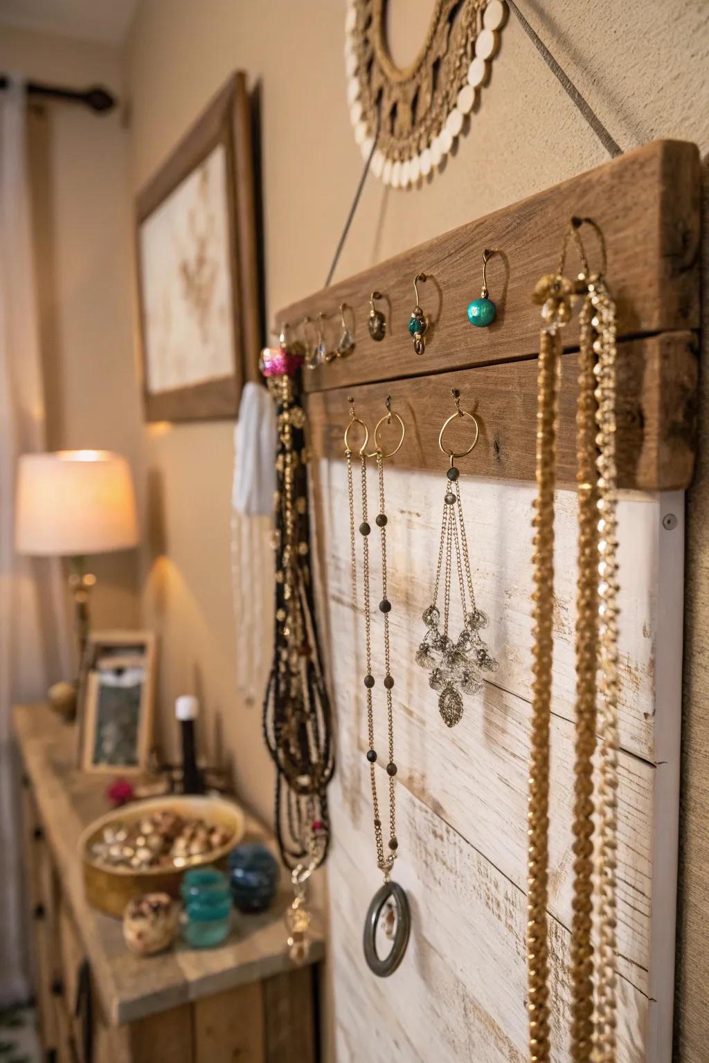 A rustic wooden board used to display jewelry