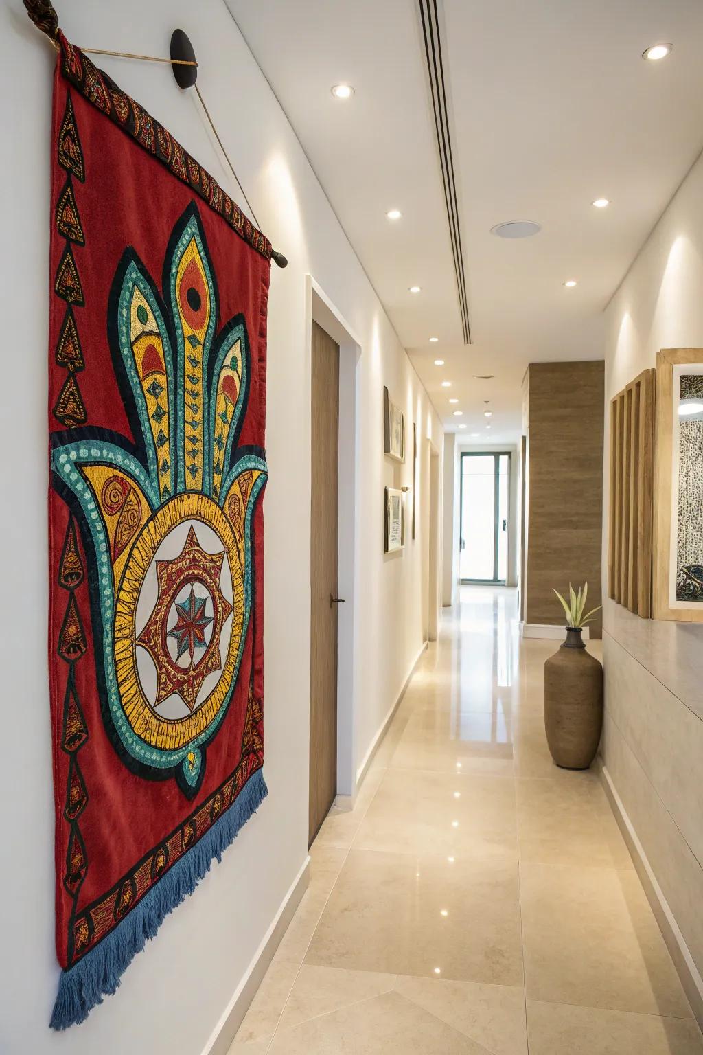 A lively Hand Amulet adding cultural appeal to a hallway setting.