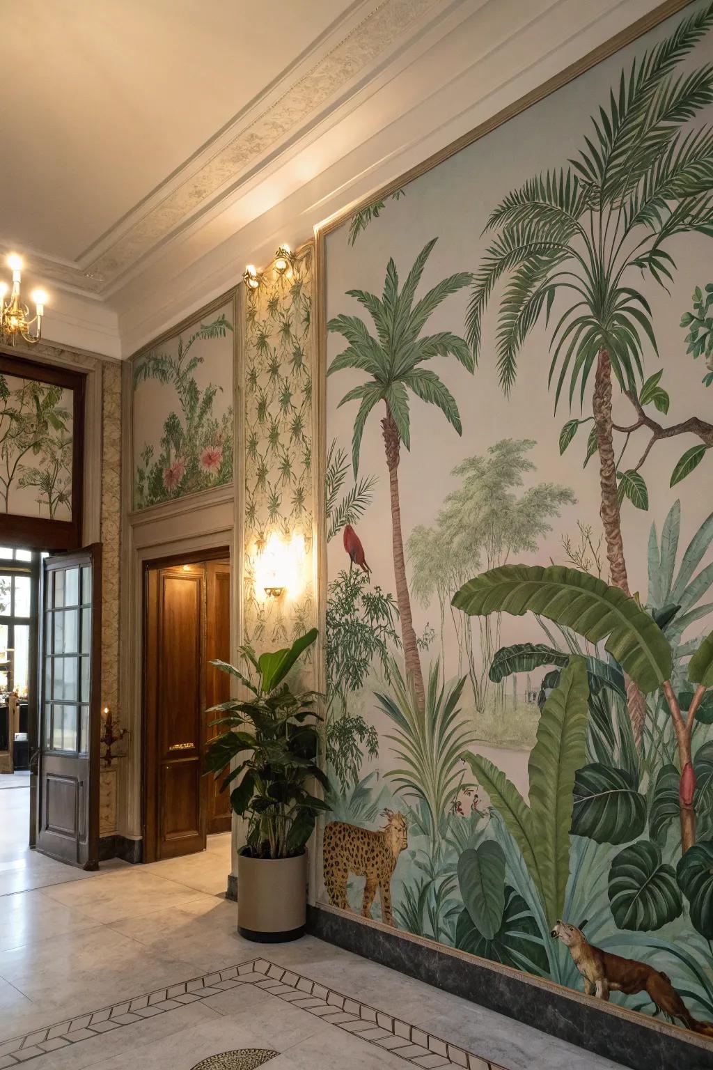 Jungle-themed wall coverings can transport your area into a lush wilderness.