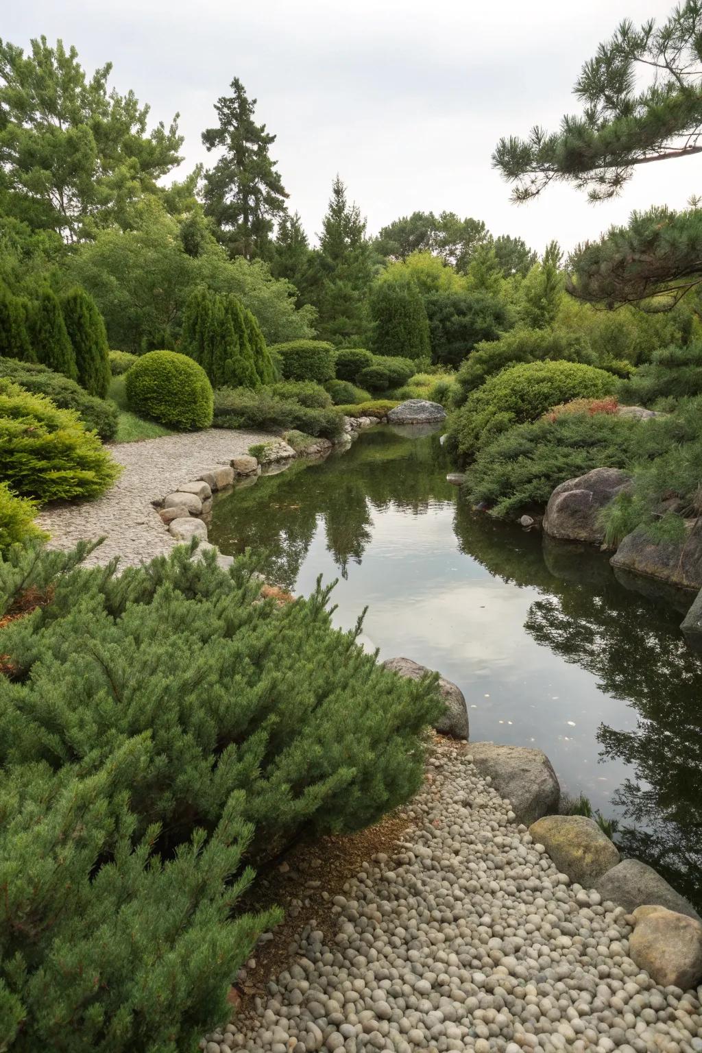 Pond gracefully surrounded by evergreens