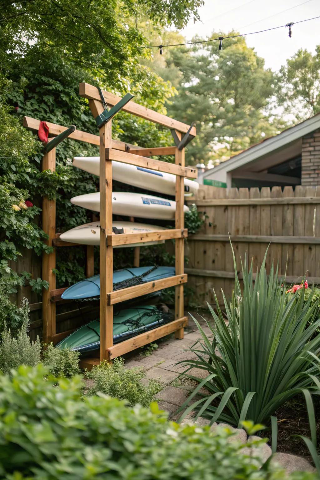 A DIY wood frame storing multiple canoes.