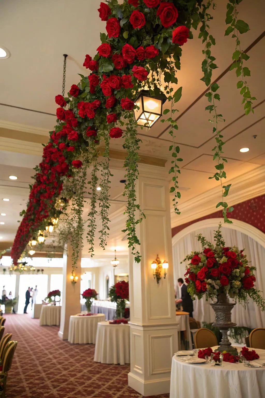 Spectacular scarlet blossom cascades elegantly arranged for a Run for the Roses-themed decor.