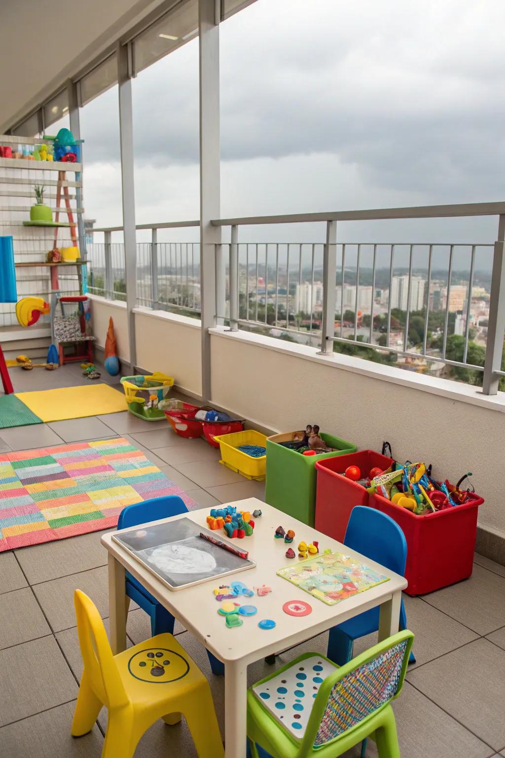 A burst of color from tiny tables and chairs converts the balcony into a creative center.