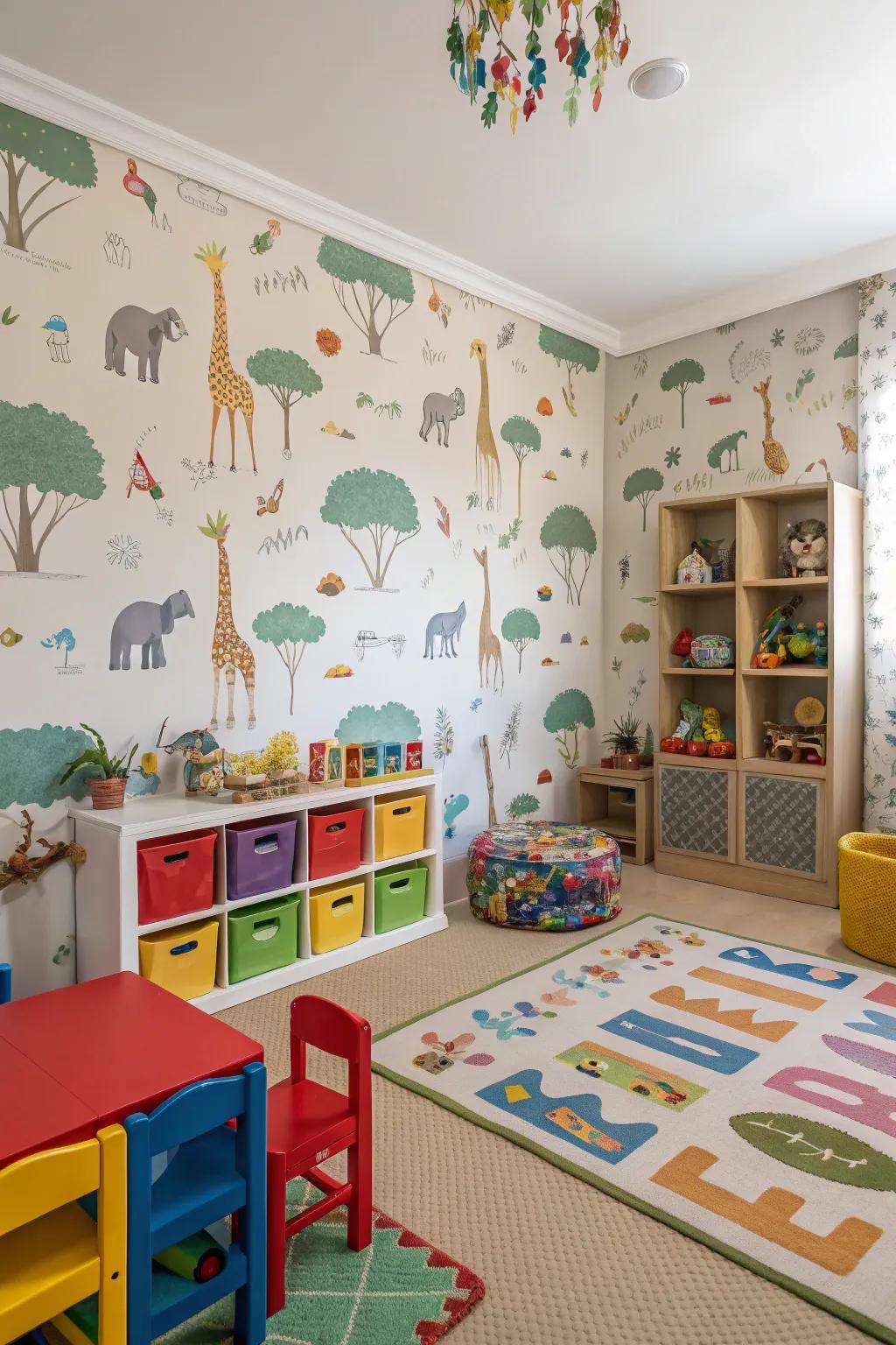 A playroom showing bright animal-themed decor that encourages exploration.