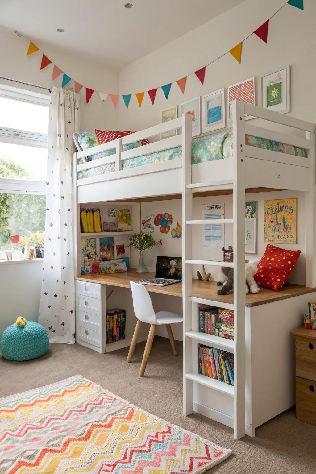 A loft bed arrangement that ingeniously uses vertical space for activities and learning.
