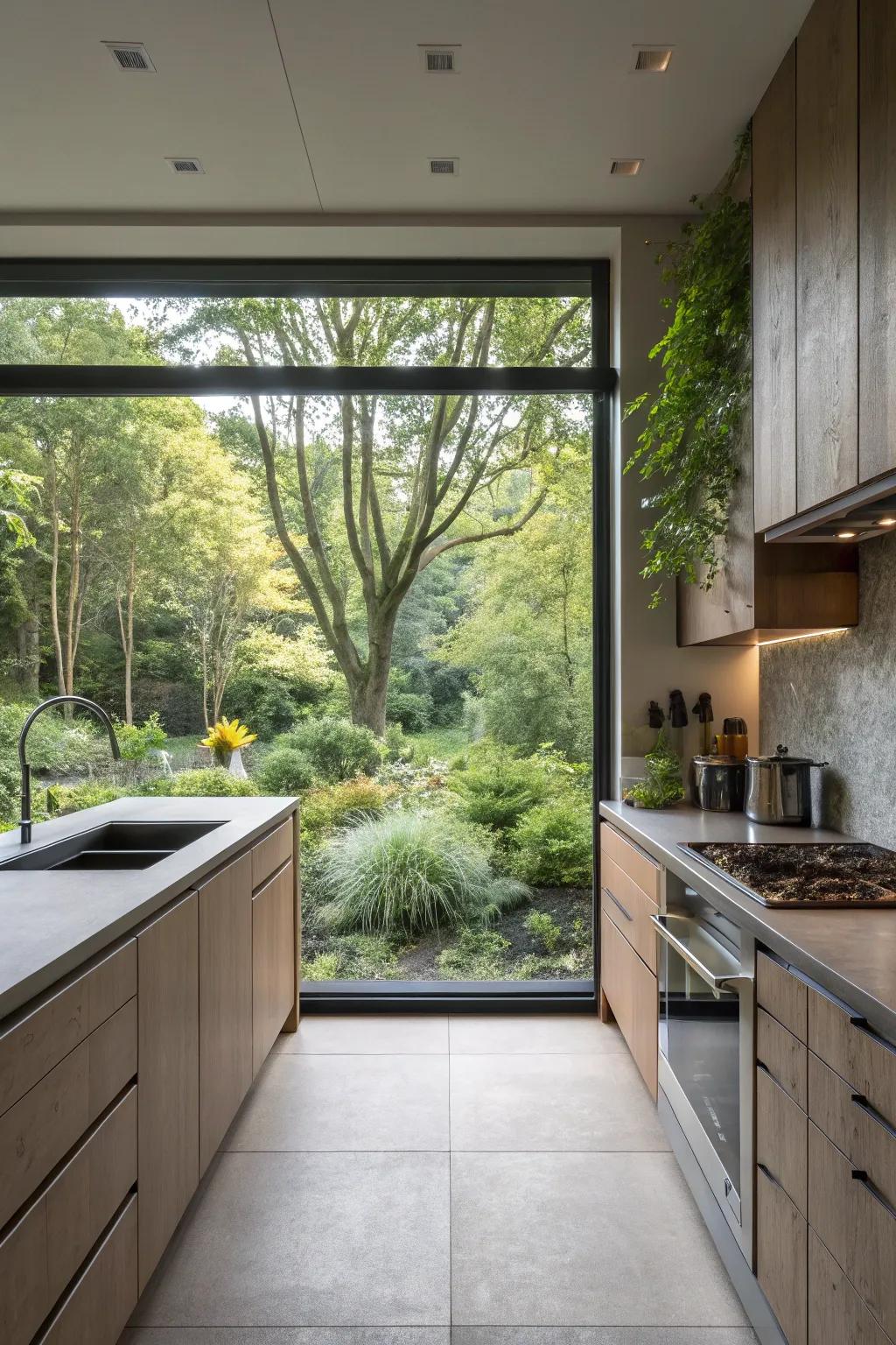 A full-sized window backsplash smoothly integrates the scenic outdoors with the interior of the kitchen.