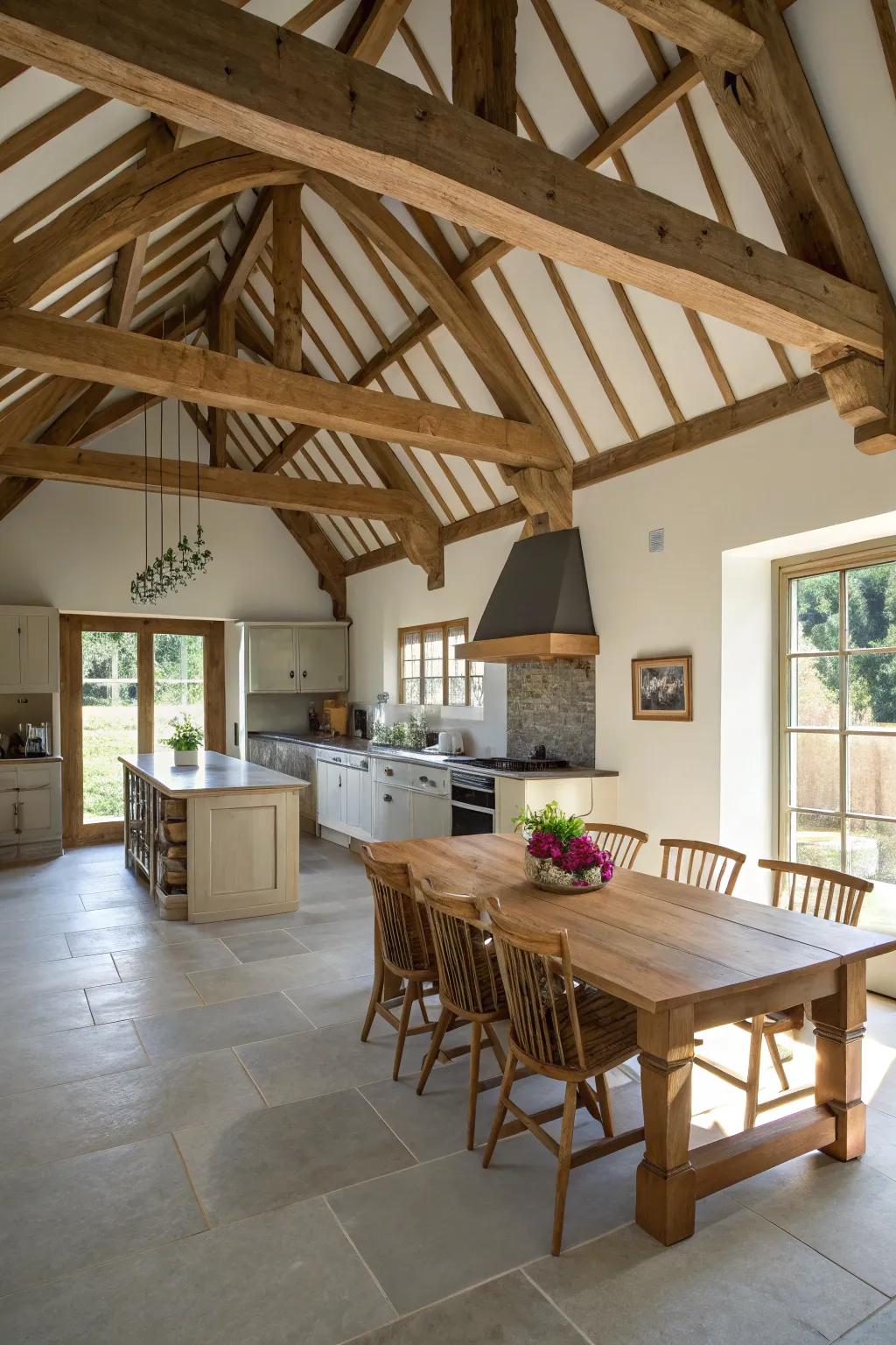 Arched ceilings and beams generate a feeling of grandeur in your kitchen.