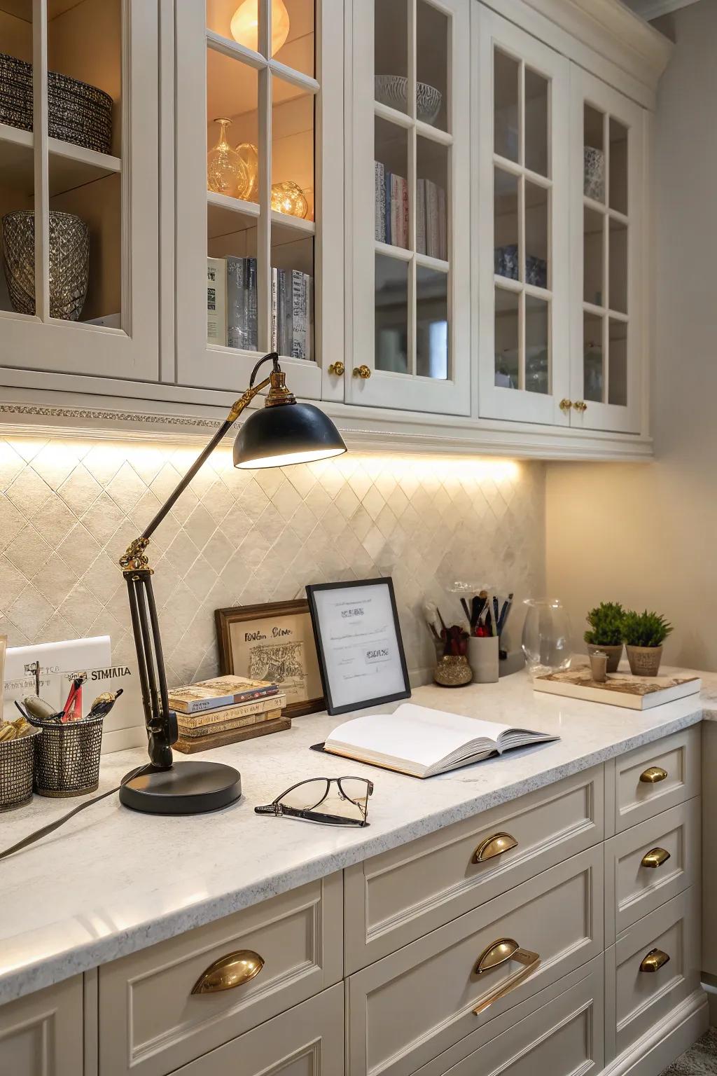 A brightly lit kitchen desk featuring under-cabinet lights and a stylish desk lamp.