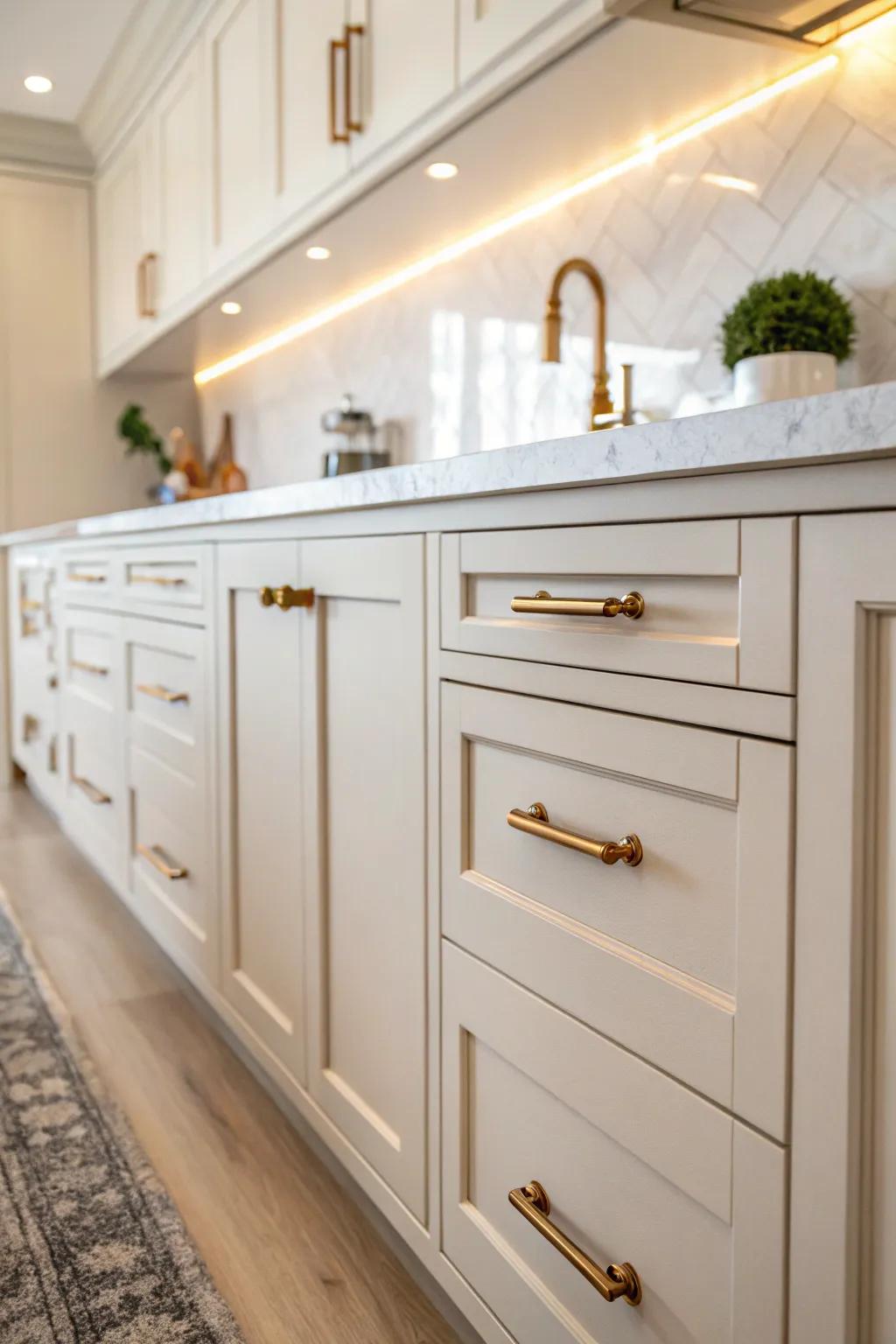 Sophisticated burnished copper fittings complementing light-shaded cabinetry.