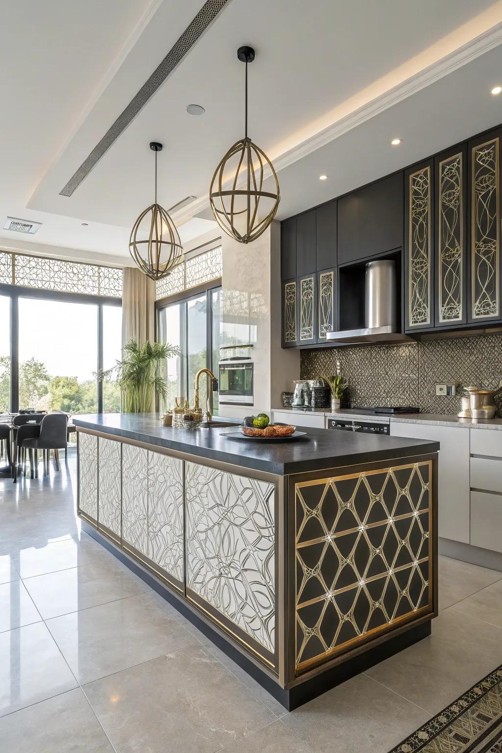 Up-to-date island featuring striking angled trim designs.