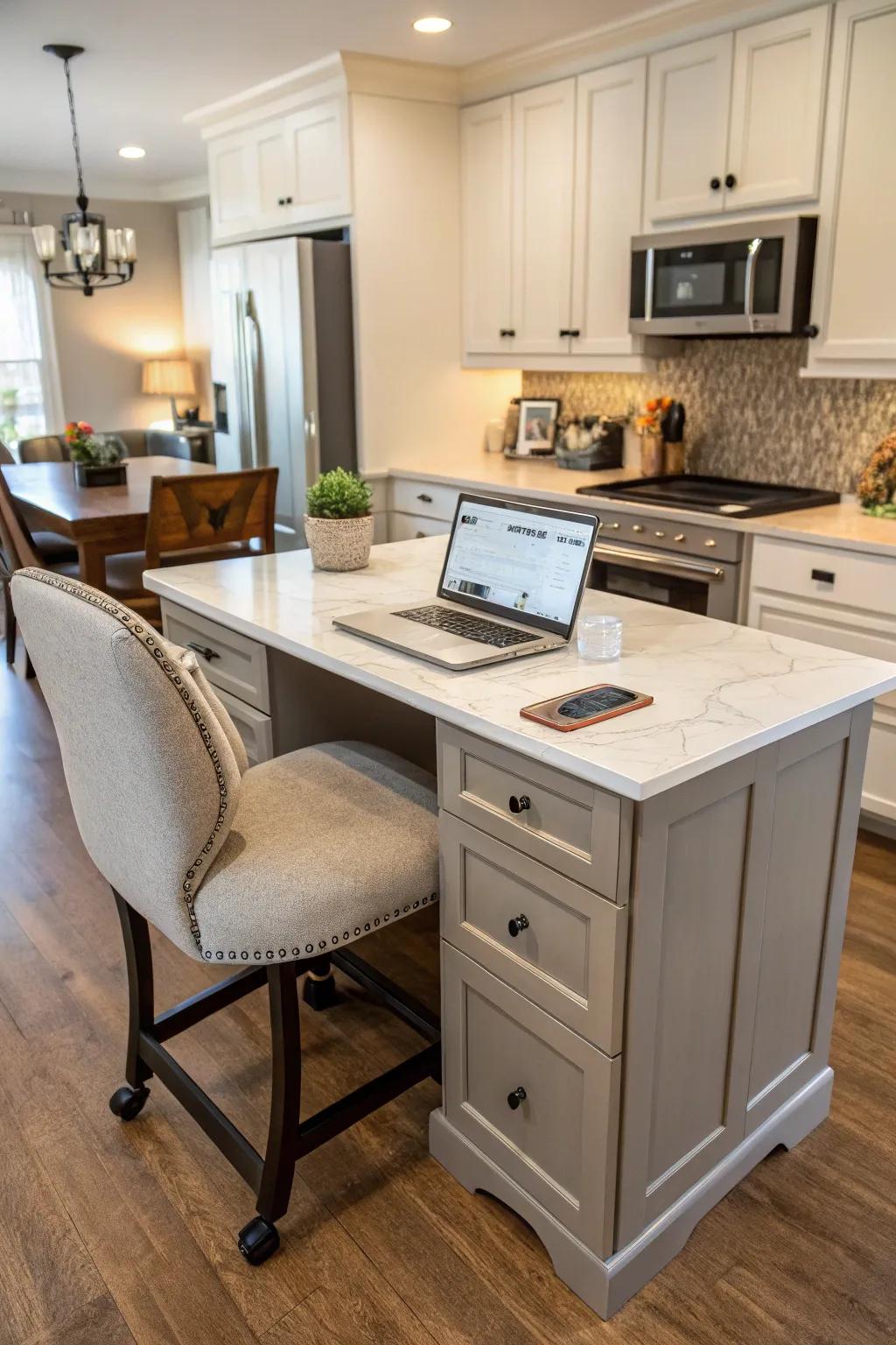 A kitchen island blends seamlessly into an office space.