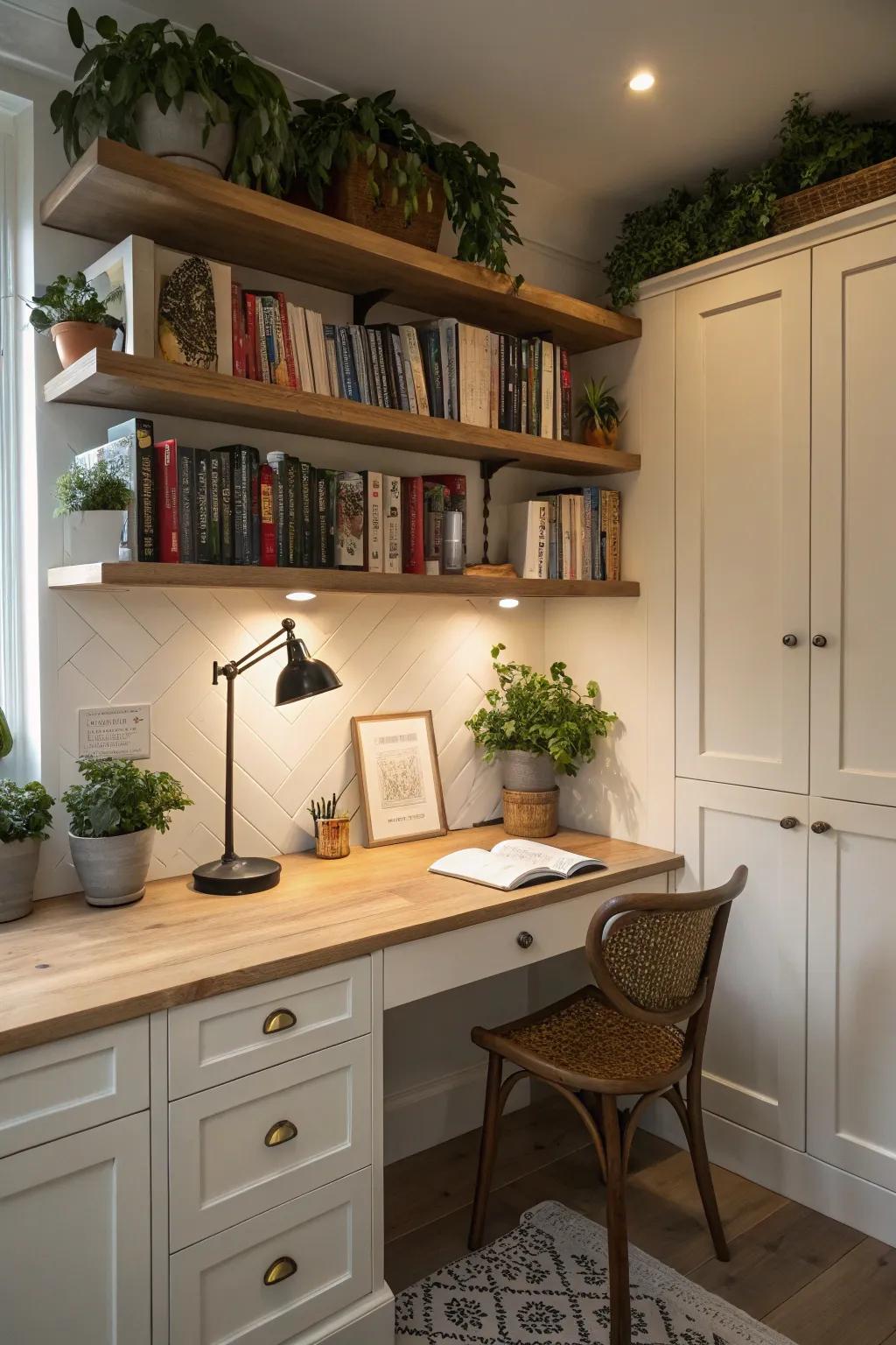 Fitted shelves give your kitchen office nook both function and flair.