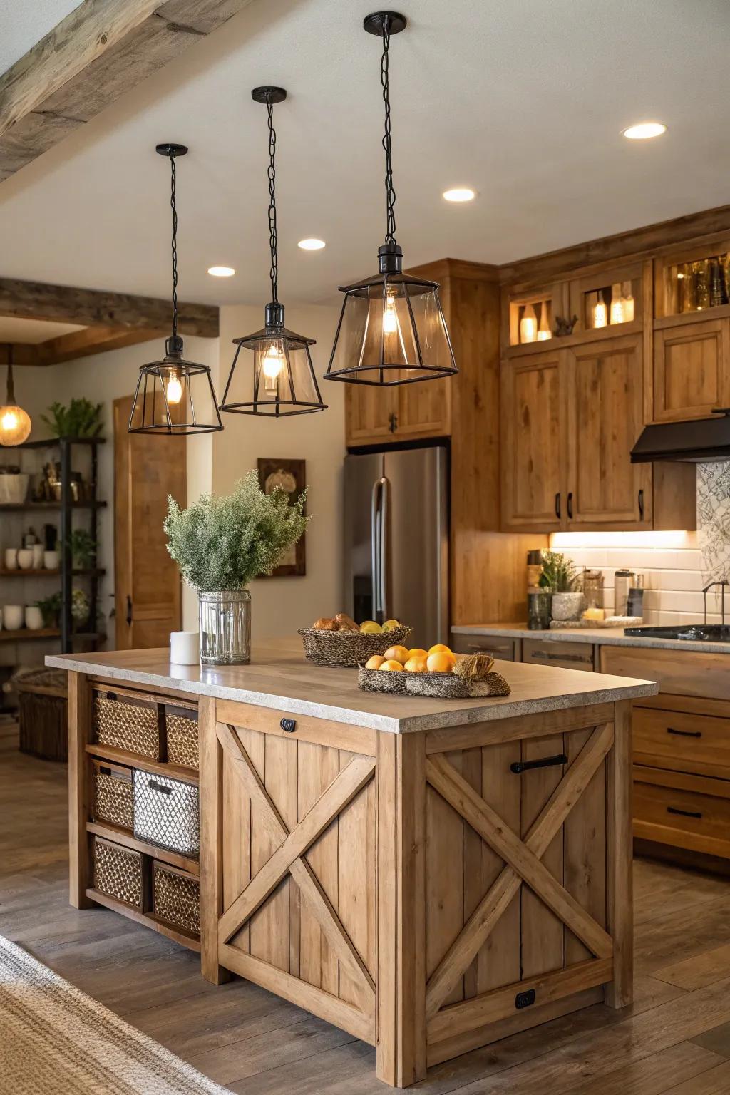 Rustic pendant lights add warmth and charm.