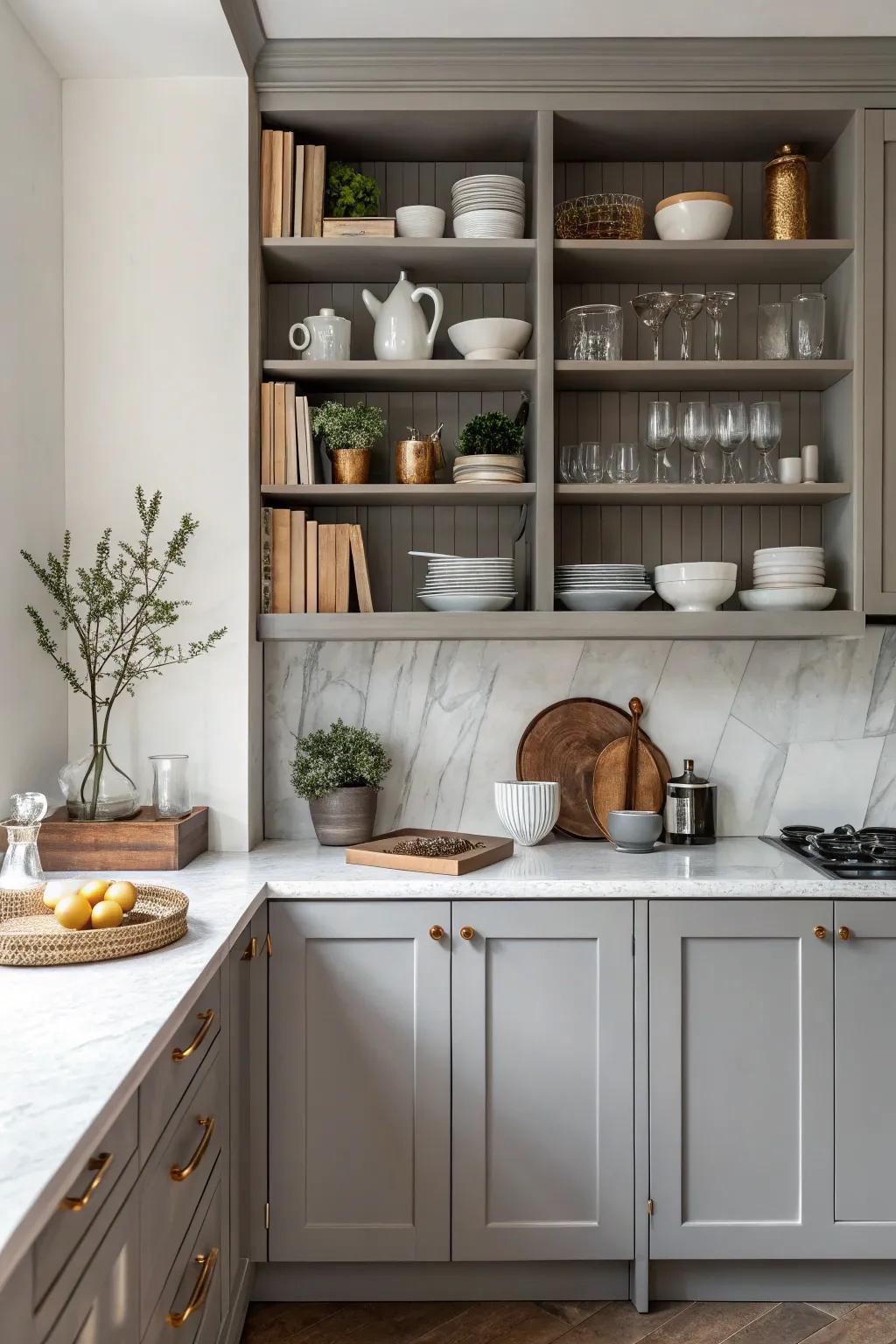 Open shelves paired with enclosed cabinets, delivering versatile kitchen aesthetics.