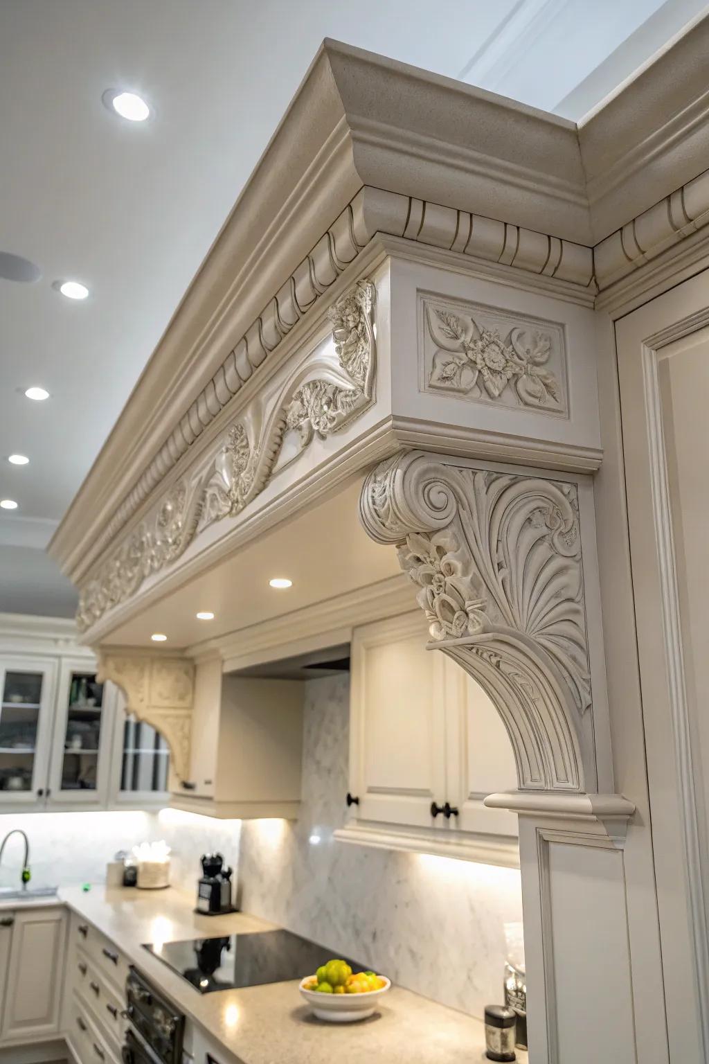 Ornamental moldings enhancing the kitchen soffit with an elegant flair.
