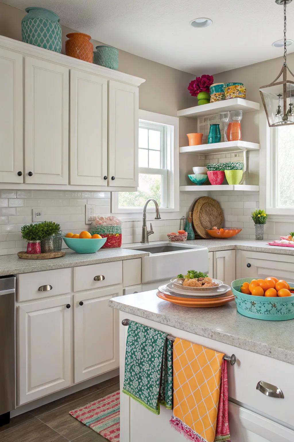 Colorful devices bring vibrancy to a neutral kitchen area scheme.
