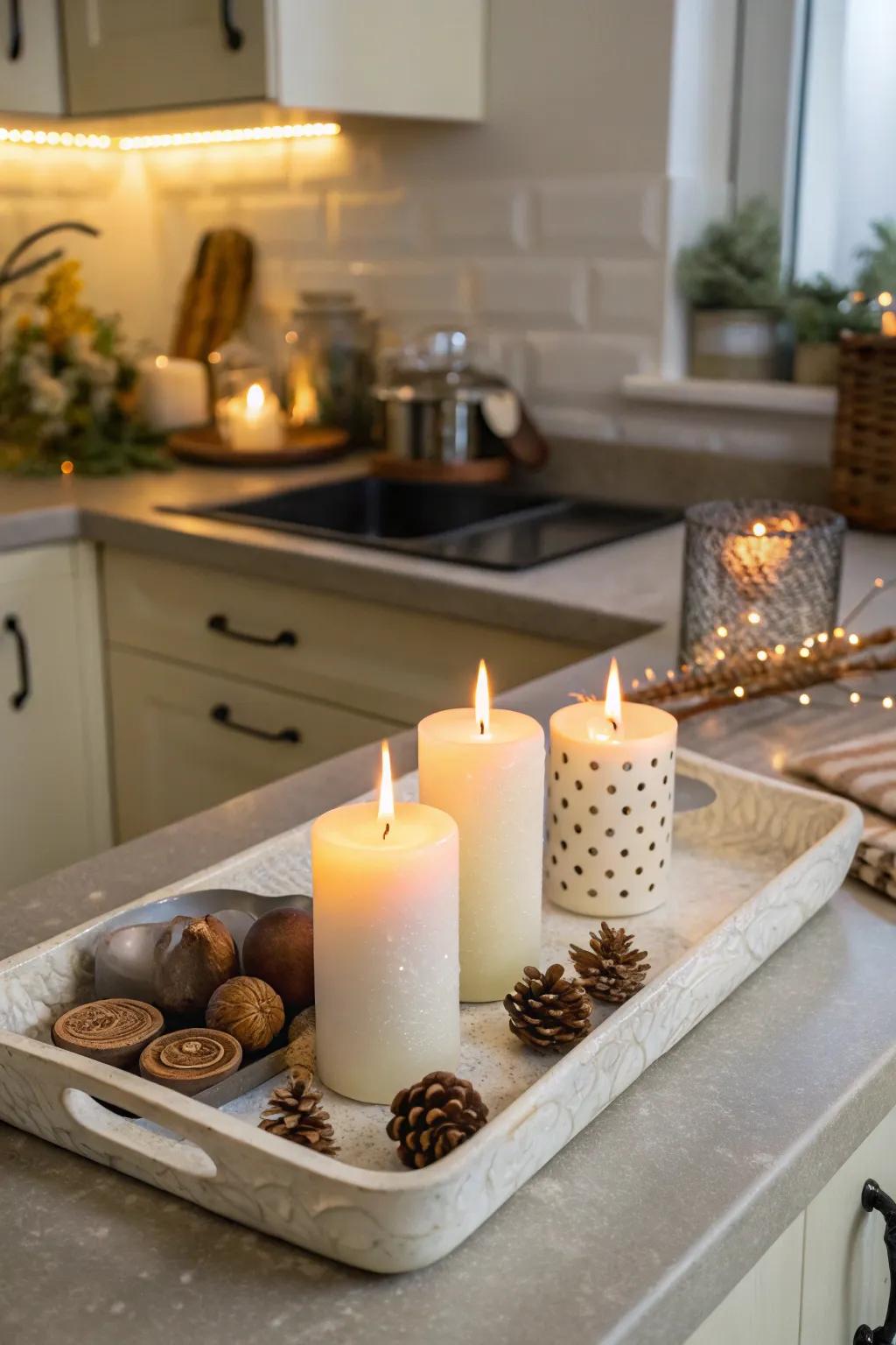 Candles introduce a sense of comfort and refinement to any culinary space.