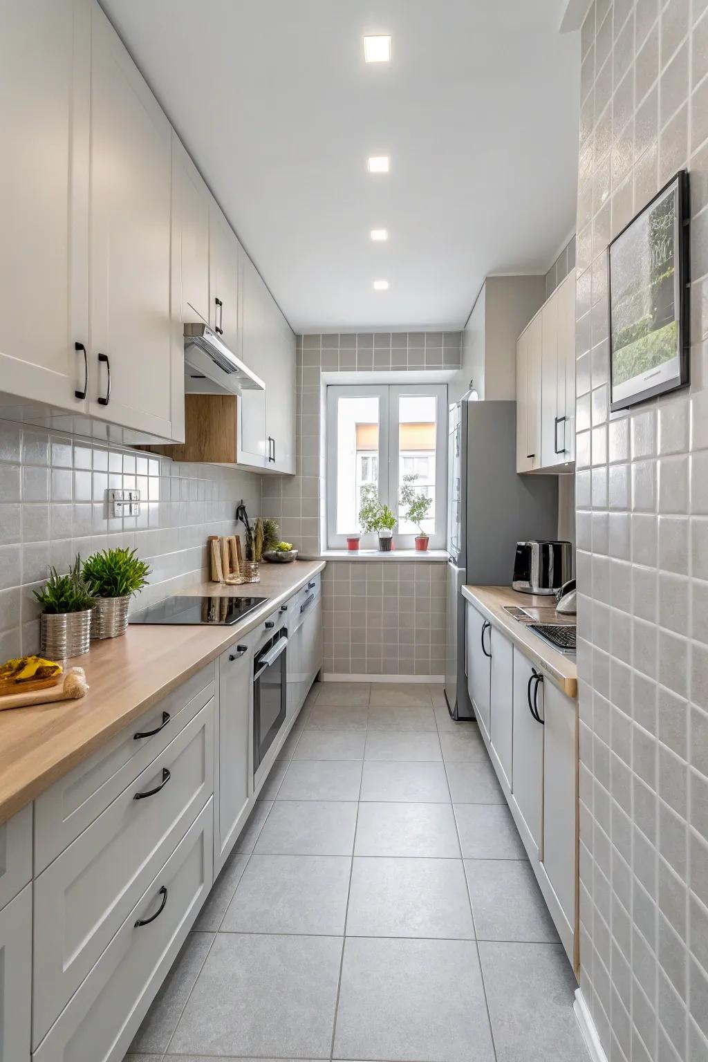 Pale gray tiles fashion a neat and spacious impression in this kitchen.