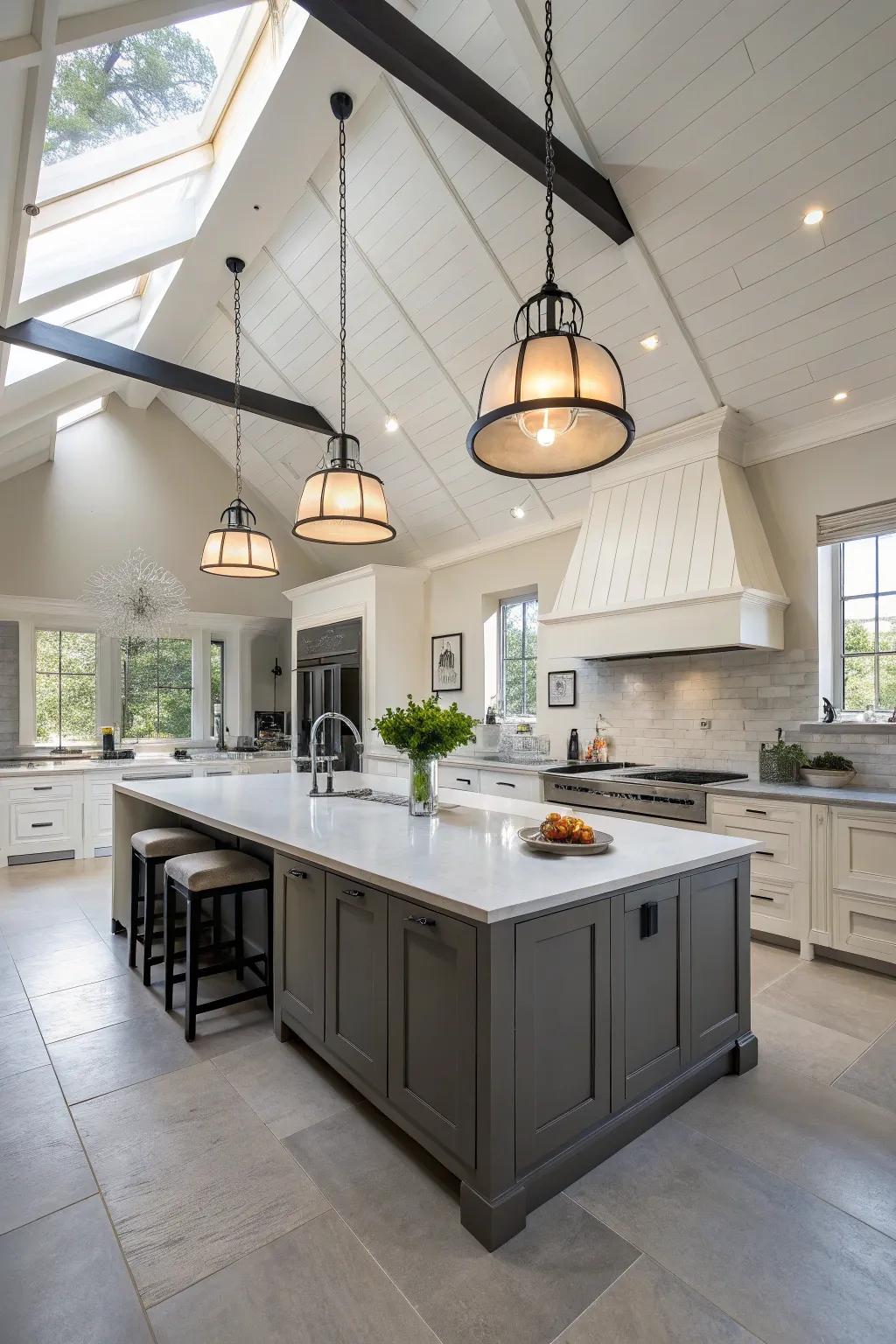 Dramatic hanging lights brighten and showcase the kitchen's peak.