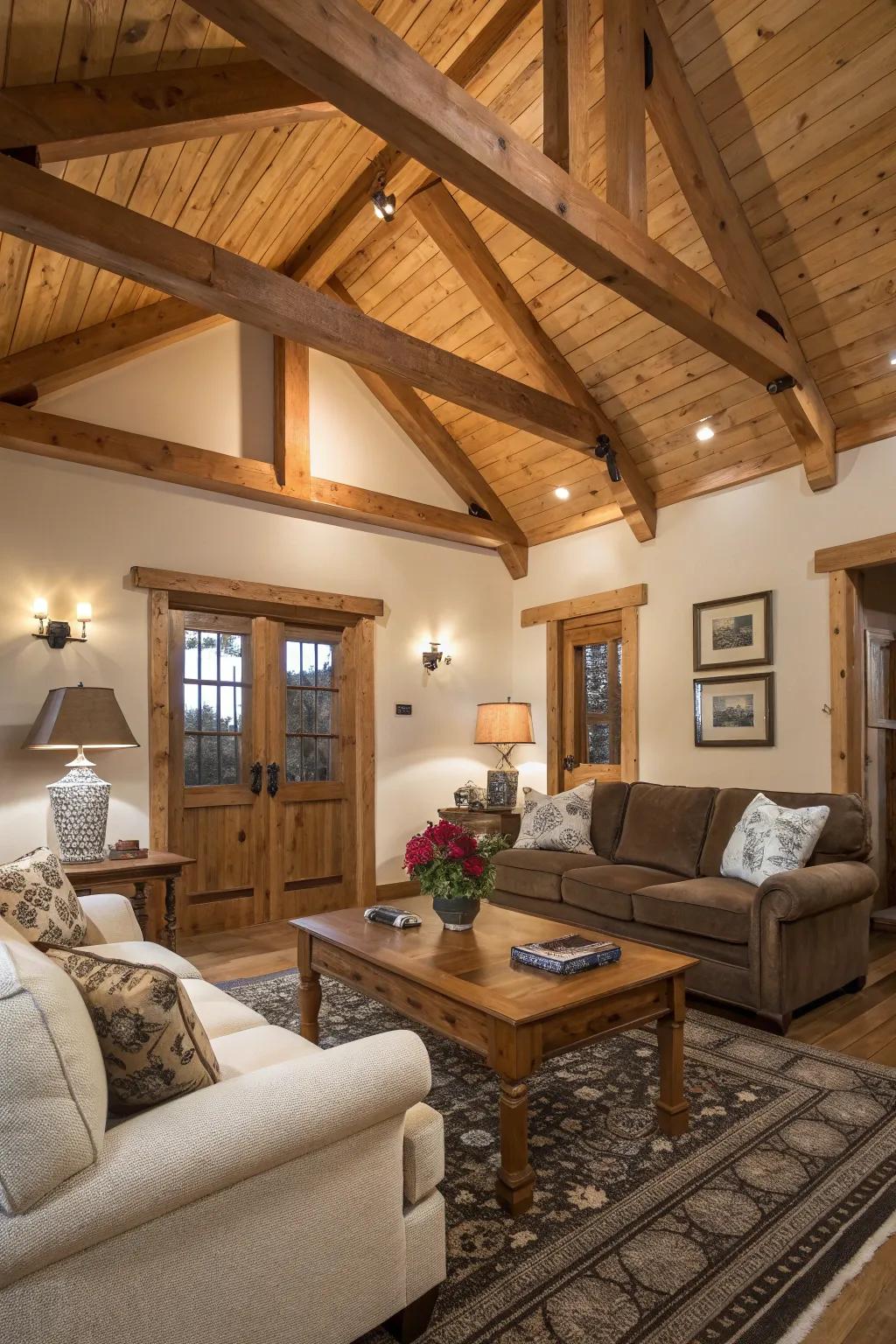A living room showcasing the splendor of exposed beams and wood-clad.