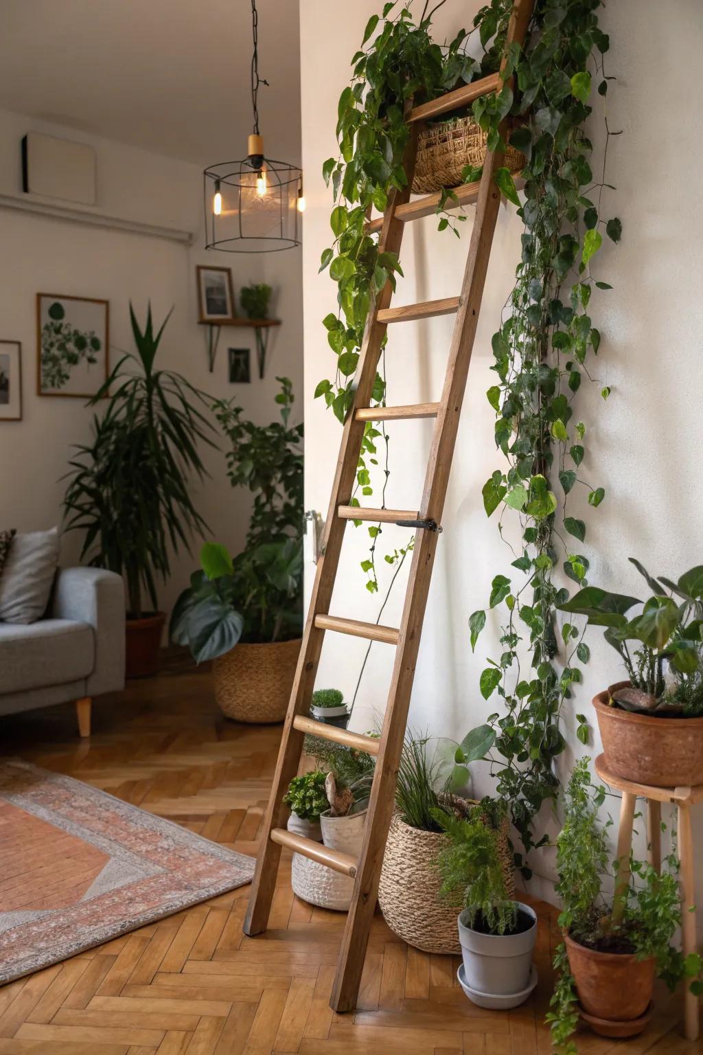 A ladder embellished with plants fashions a revitalizing indoor garden.