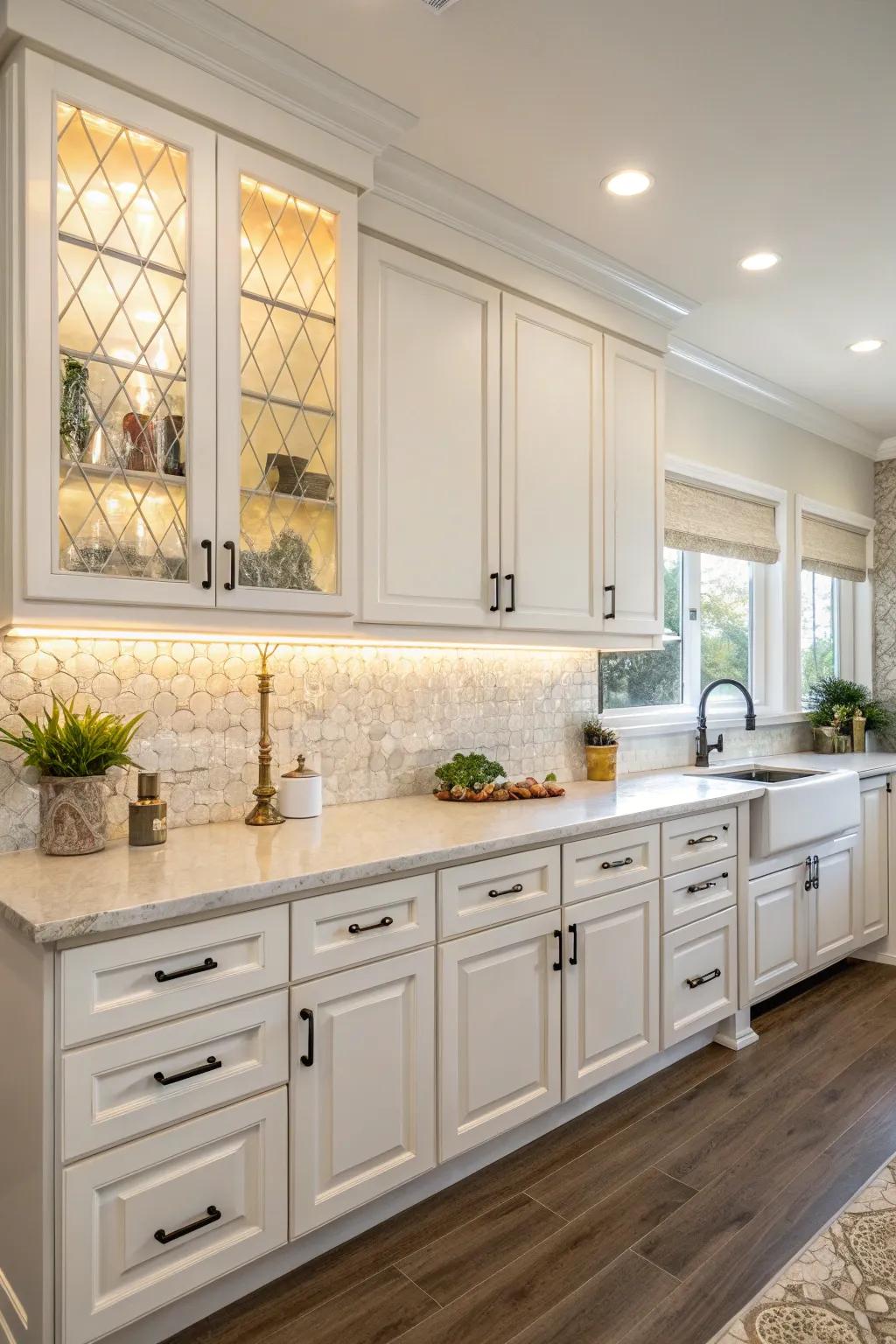 Bright white cabinets with synthetic backsplash for a ventilated sensation.