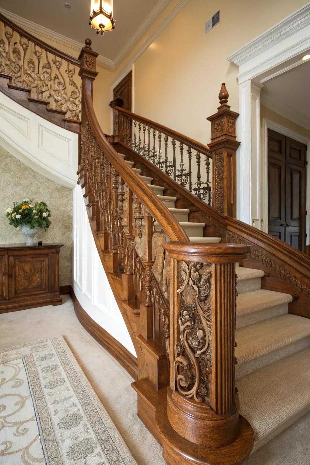 Ageless wooden railing showcasing elaborate etchings.
