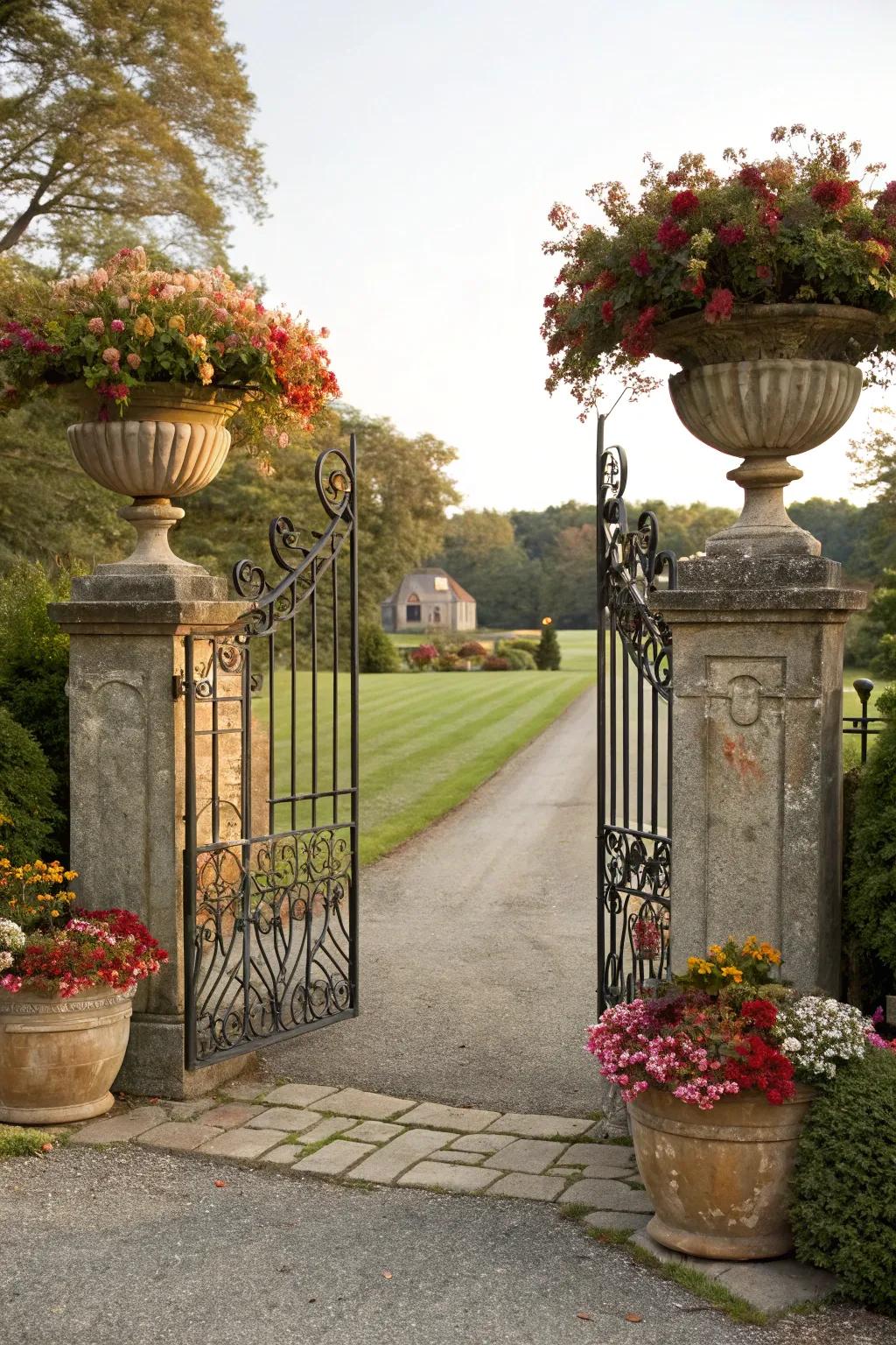 An impressive entrance featuring a decorative gate and abundant planters.