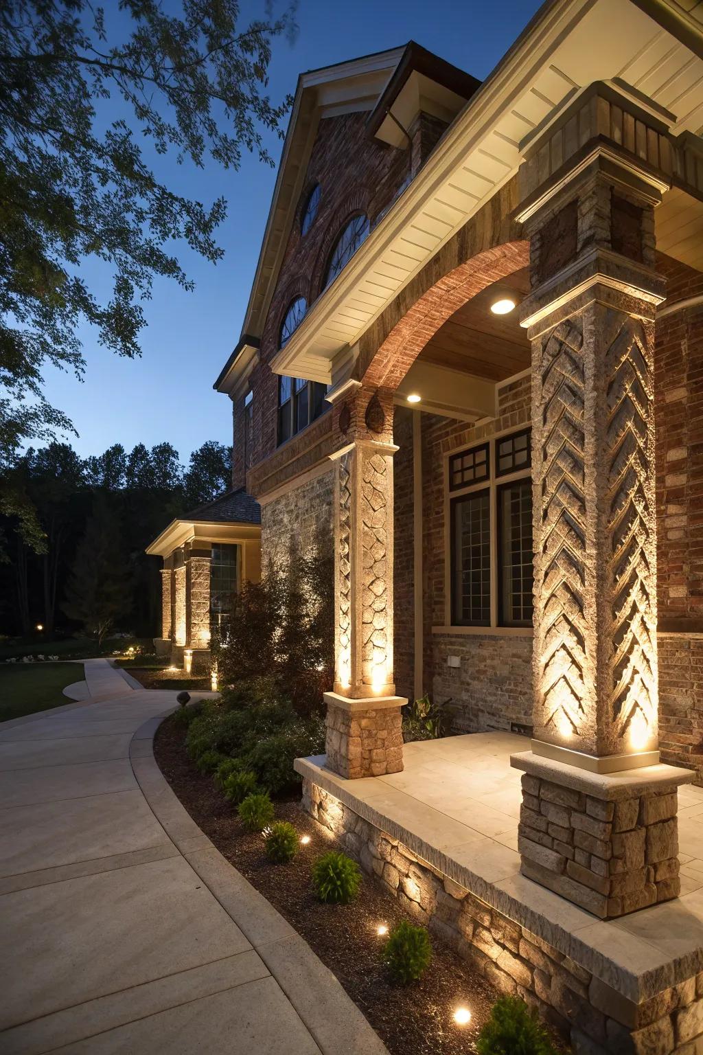 Highlighting lights magically animate architectural elements at twilight.