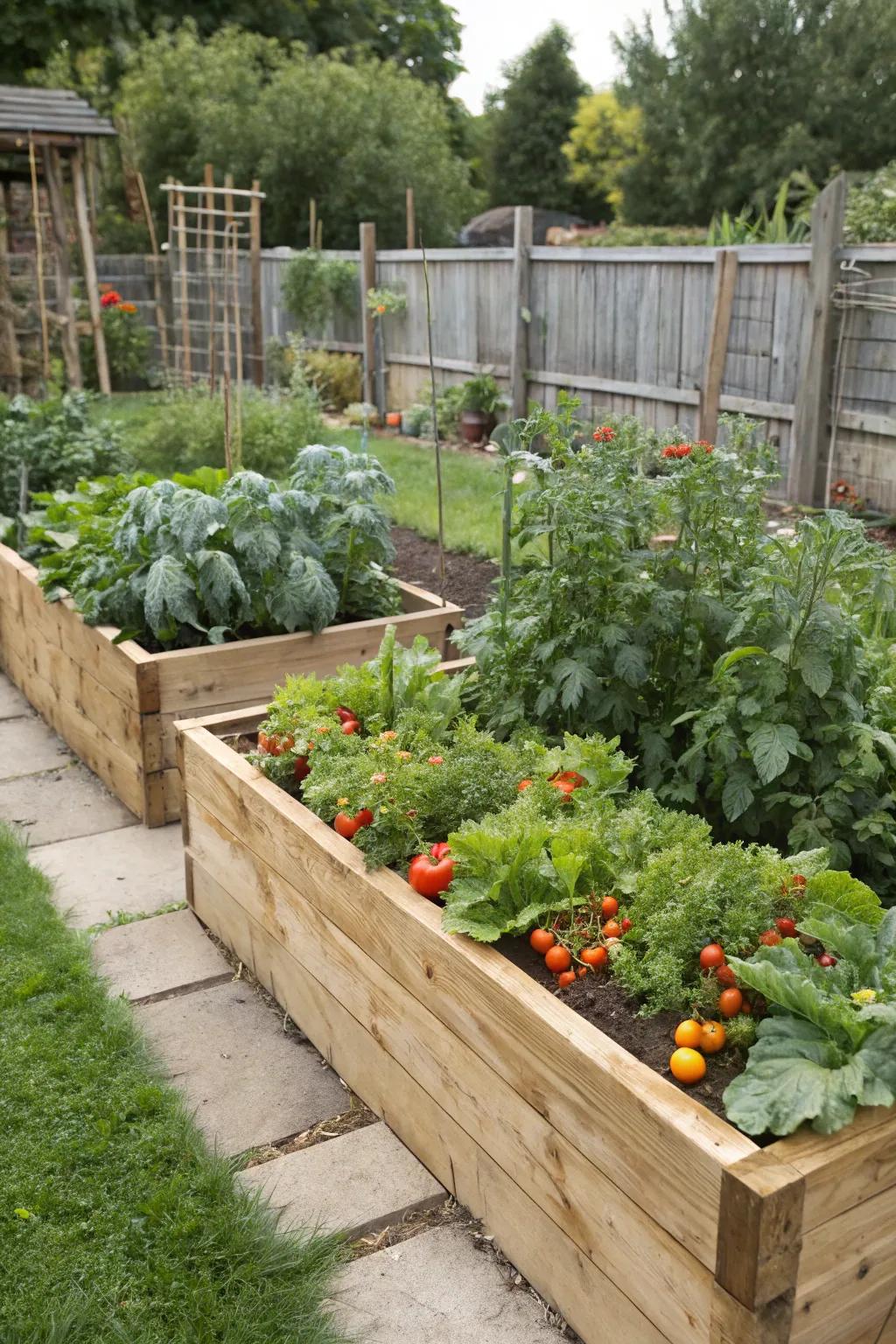 Elevated beds constructed from structural timbers are ideal for cultivating your own vegetables.