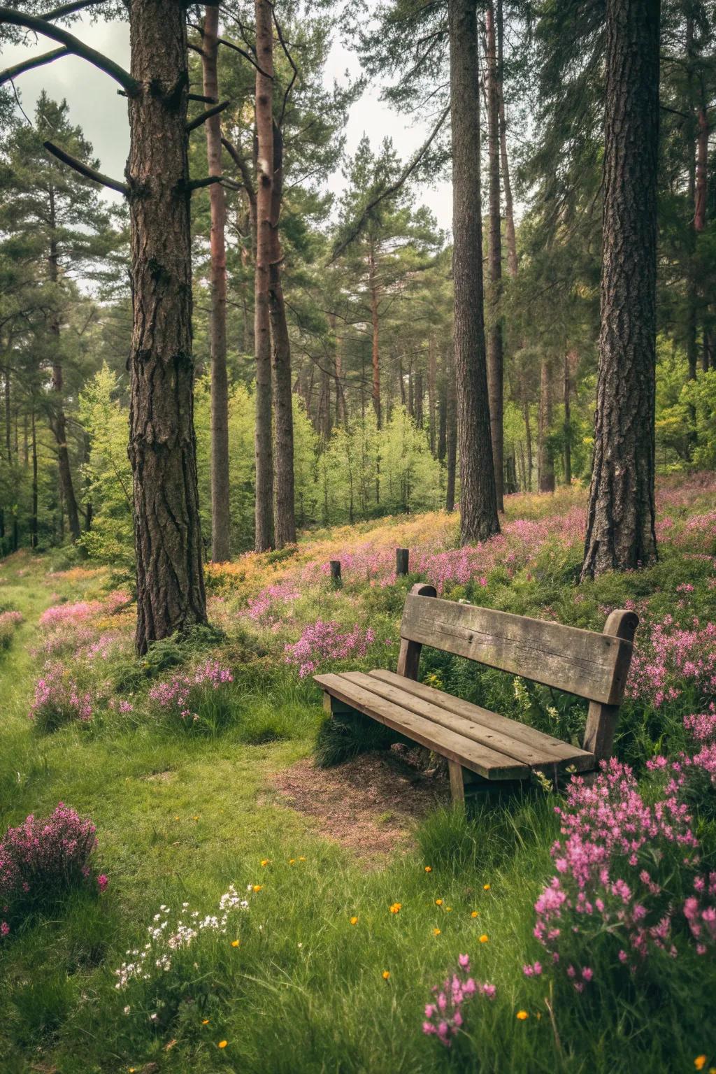 A delightful bench in a forest opening, perfect for unwinding.