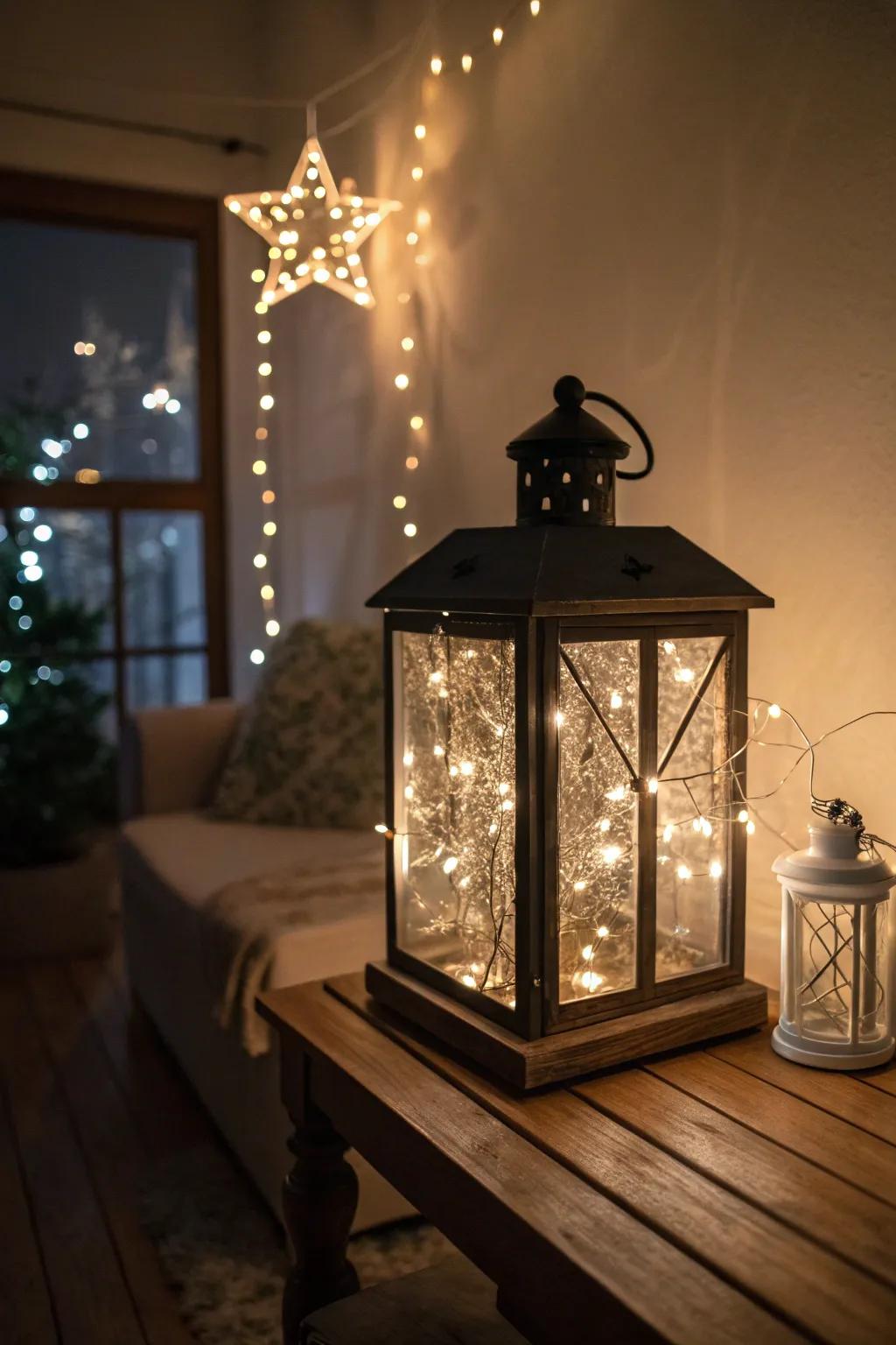 Twinkling lights encased in lanterns craft a magical aura.