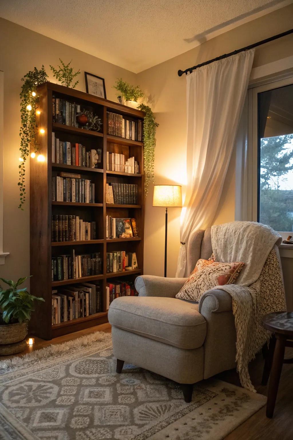 A cozy nook surrounded by books beckons you to unwind and find serenity.