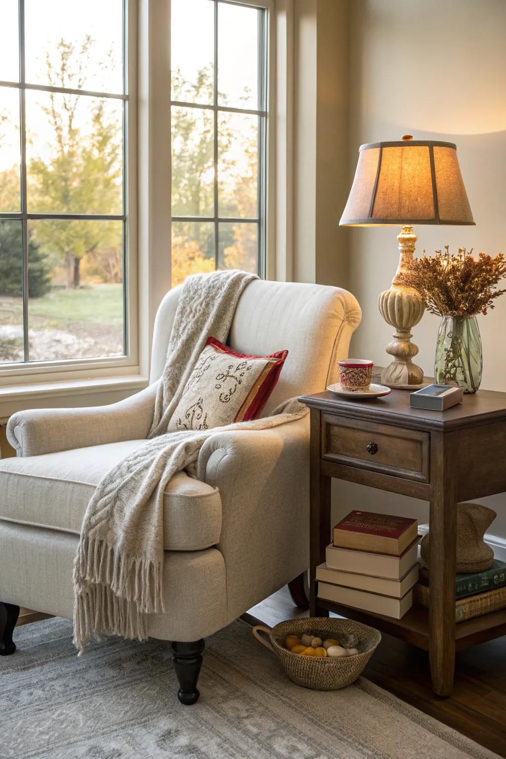 A tranquil reading nook by the fenestration, idyllic for unwinding in the daylight.