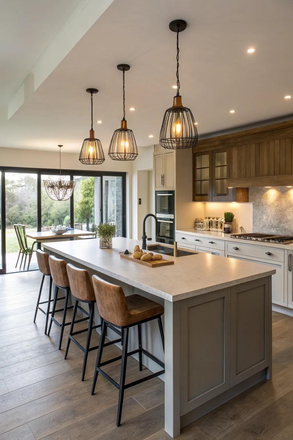 A flexible central island ideal for casual meals and socializing.