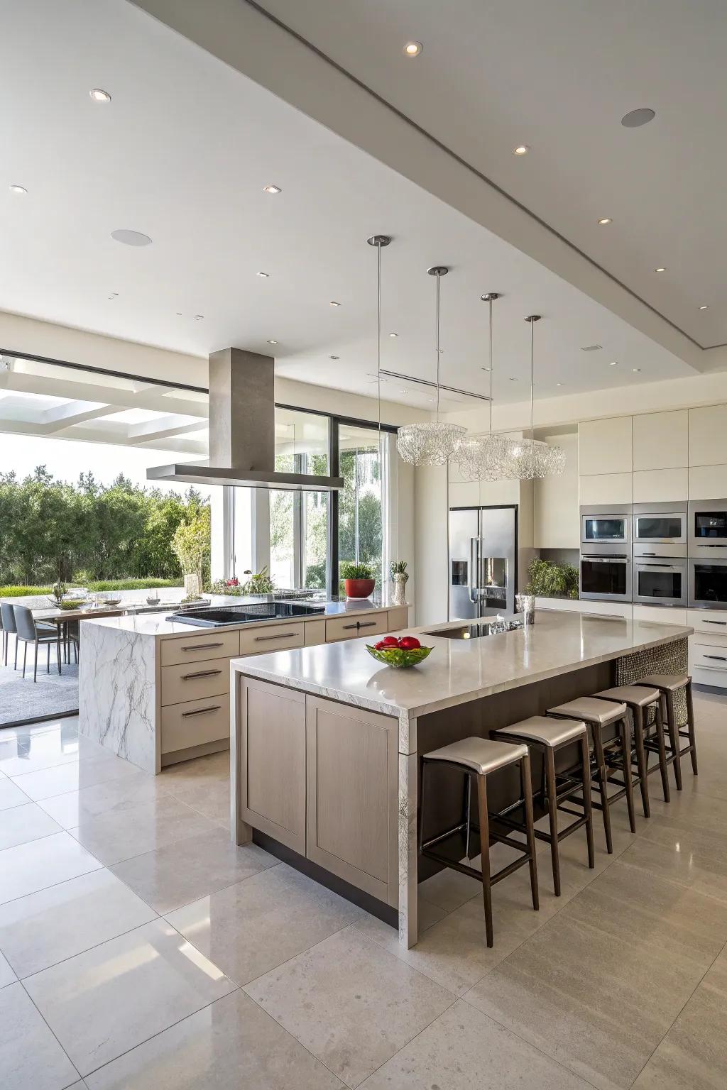 A kitchen featuring two large islands, designed for cooking and dining.