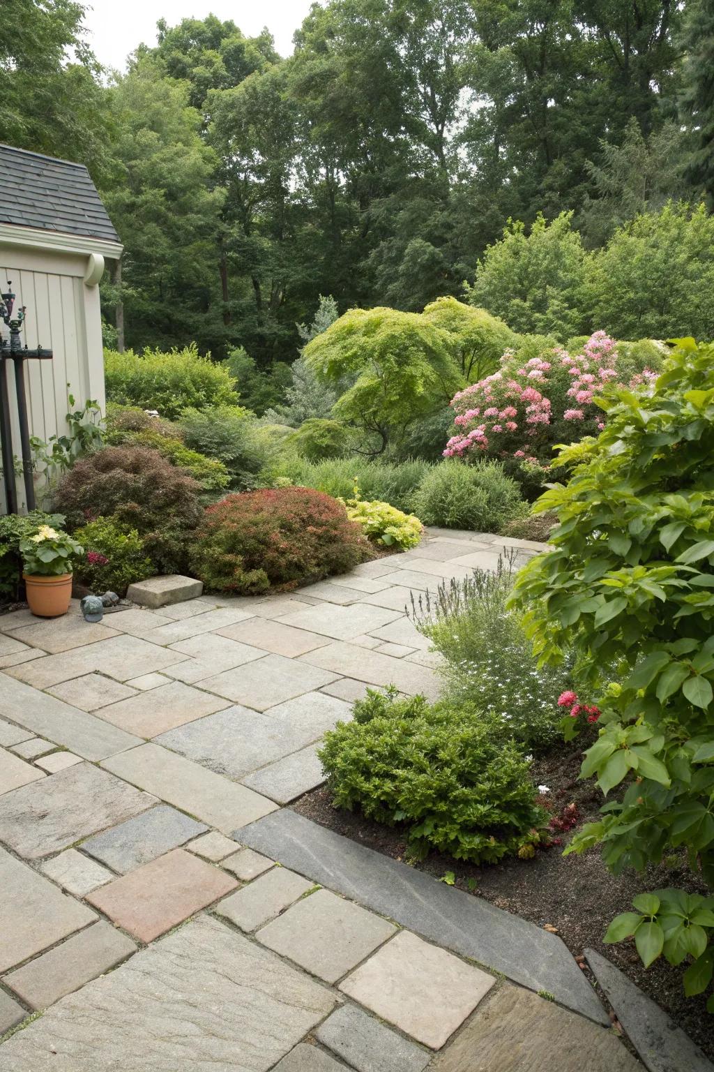 Greenery imparts a serene vibe to this broad patio expanse.