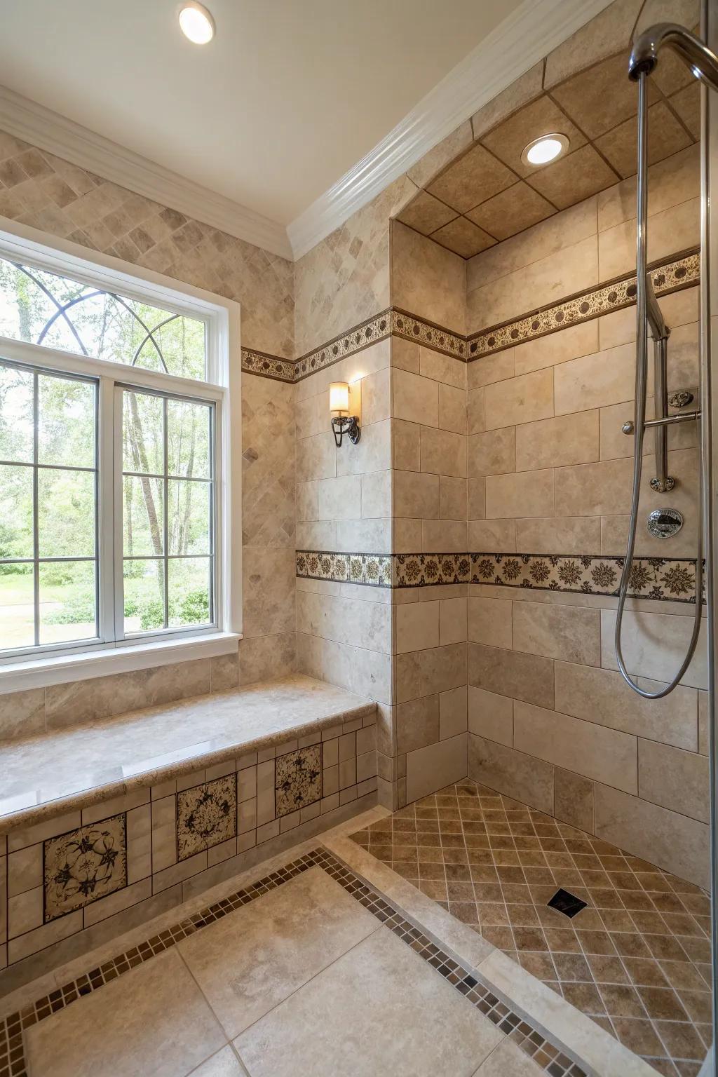 An integrated seat adds convenience and comfort to your shower experience.